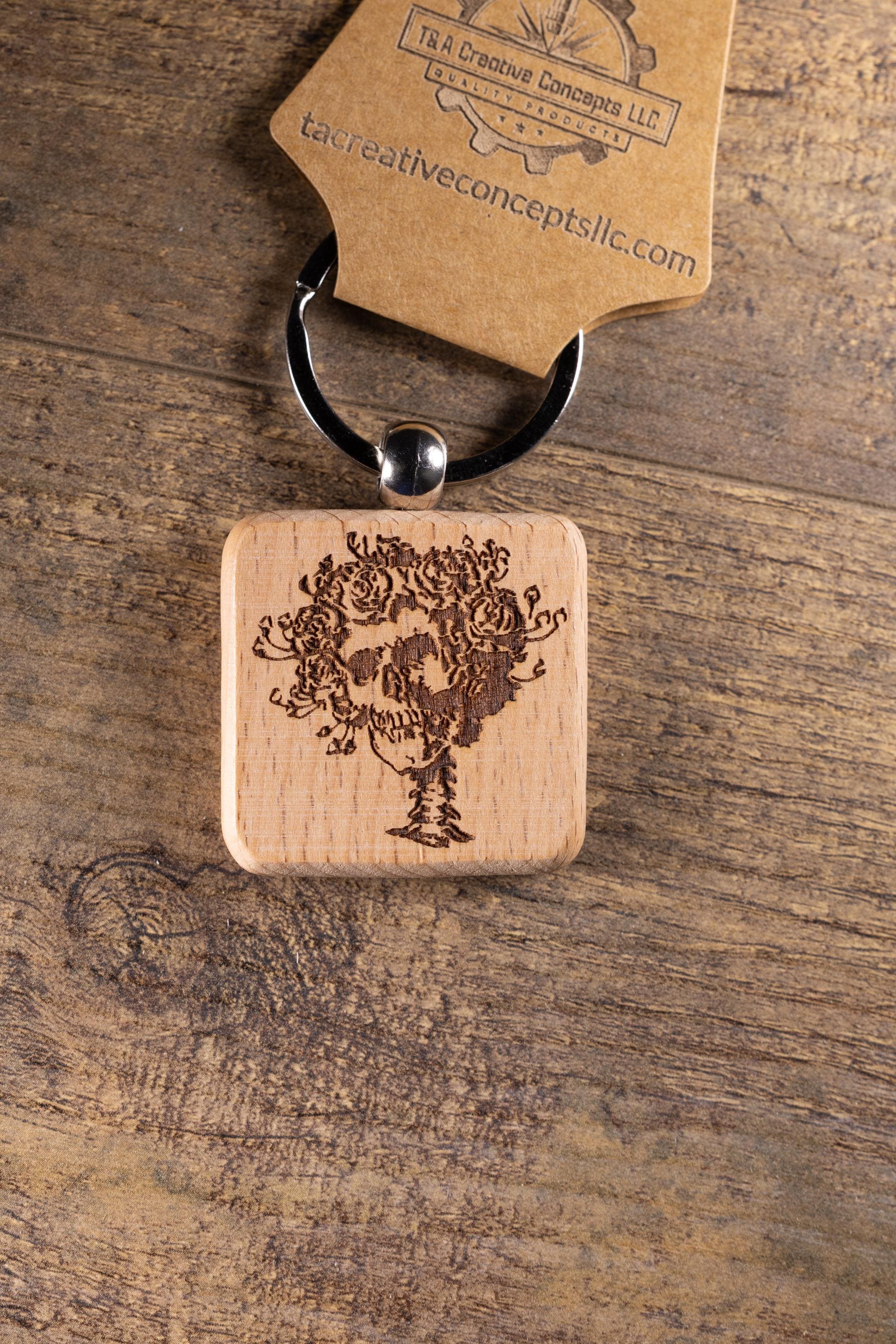 Grateful Dead Bertha keychain / bag charm – double-sided laser engraved wood with stainless steel keyring, band fan gift