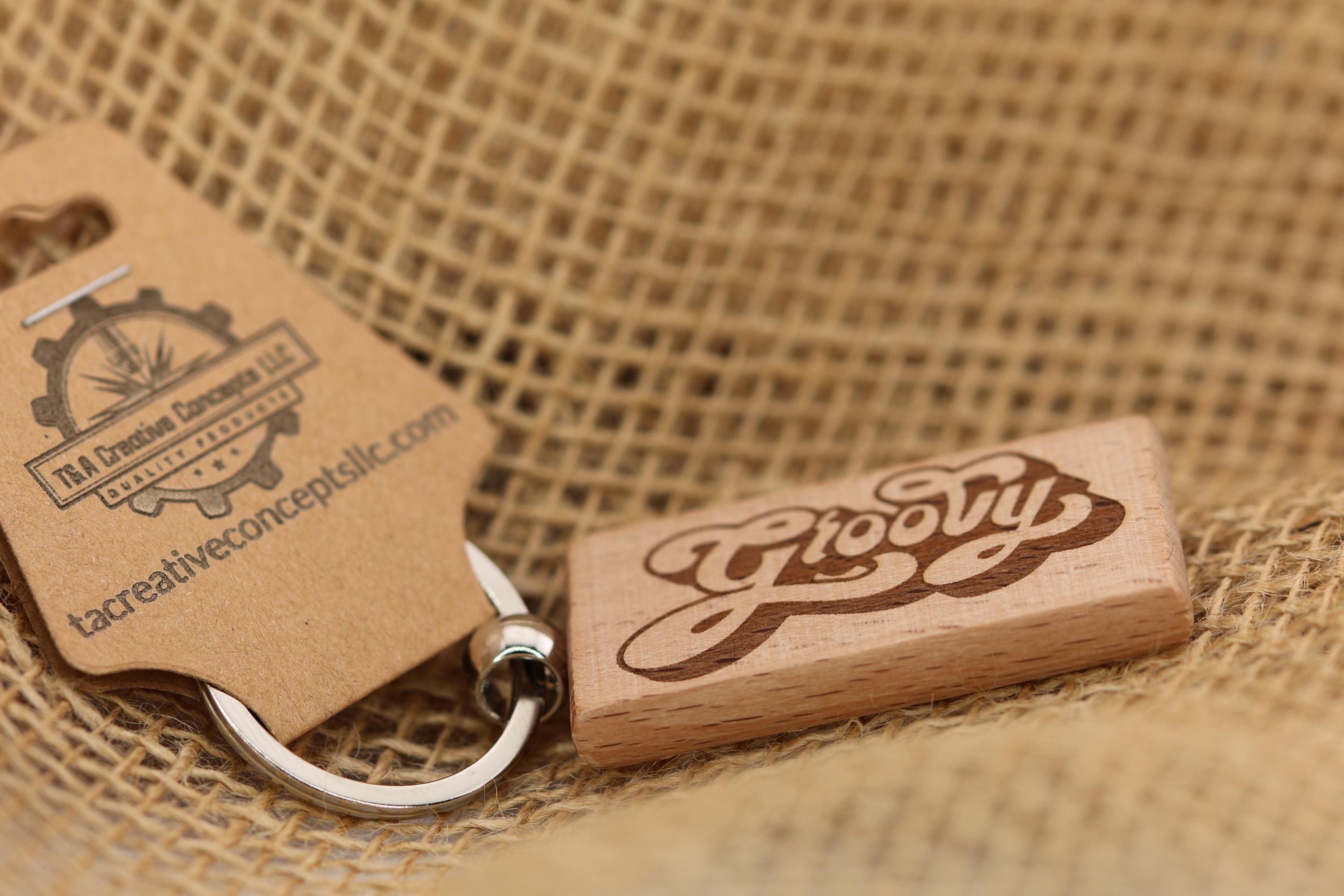 Groovy keychain / bag charm: double-sided laser engraved hardwood, retro 70s style