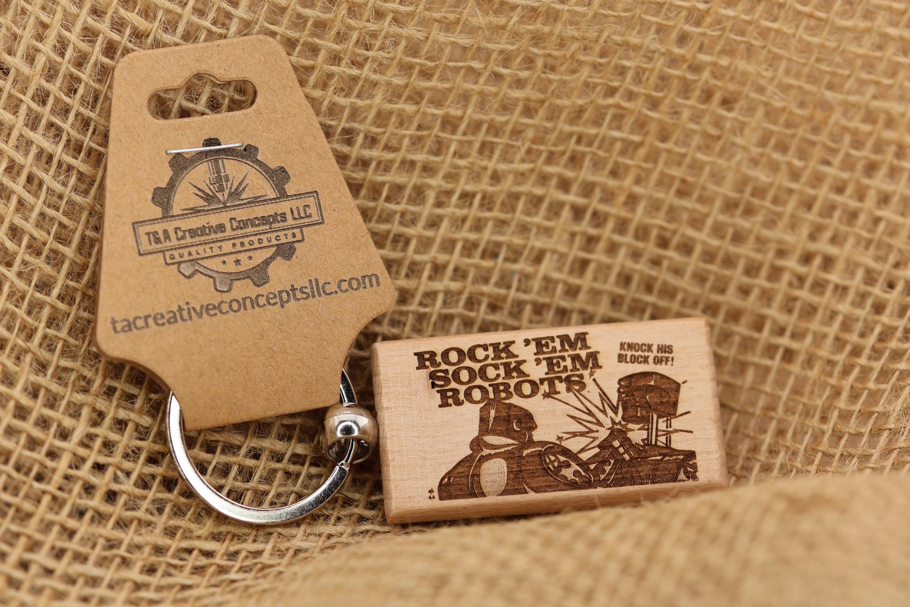 Rock'em sock'em robots keychain / bag charm: laser engraved hardwood, retro toy gift