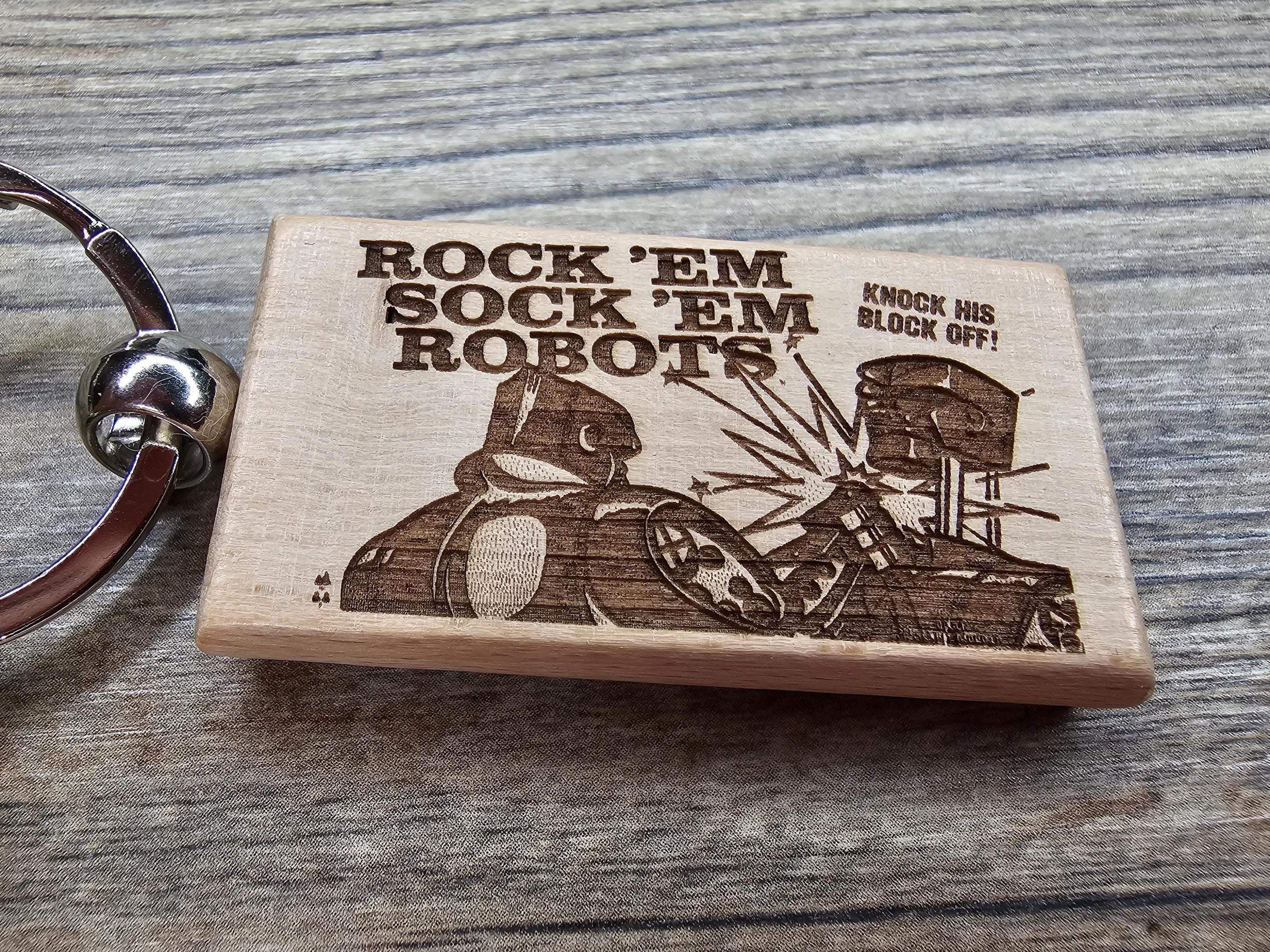 Rock'em sock'em robots keychain / bag charm: laser engraved hardwood, retro toy gift