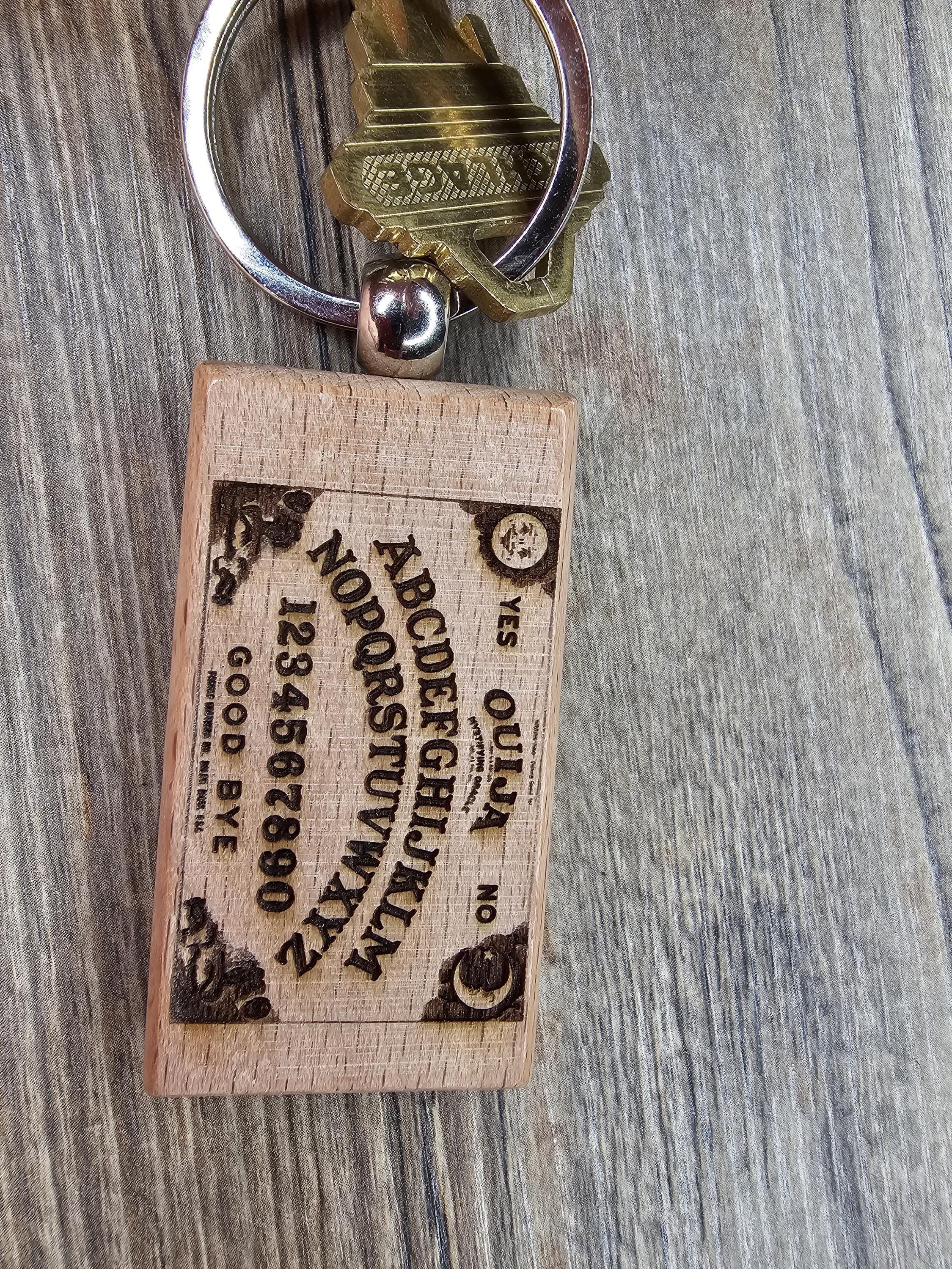 Ouija board keychain / bag charm: laser engraved hardwood, stainless steel keyring