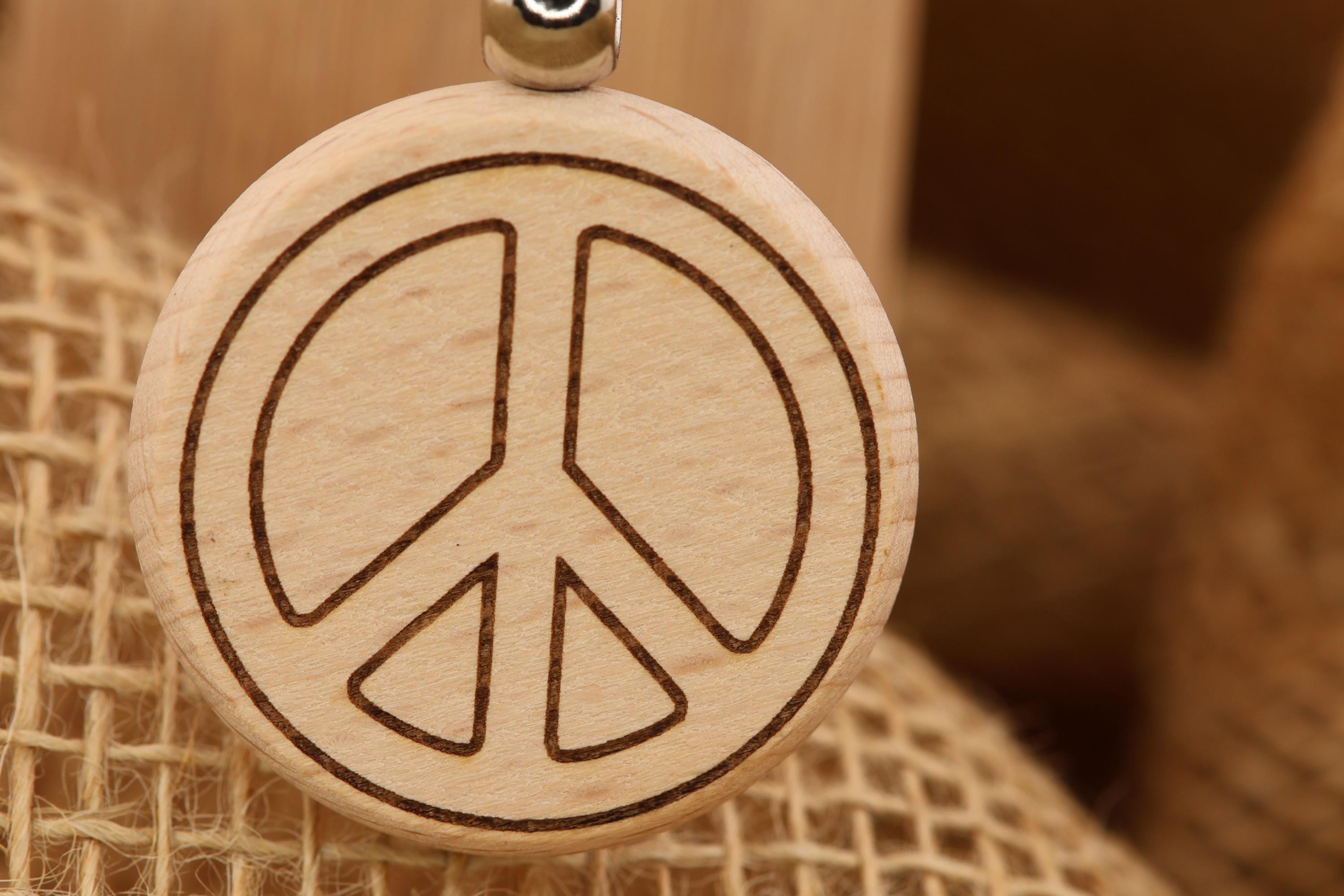 Laser engraved peace sign keychain / bag charm: hardwood with stainless steel keyring