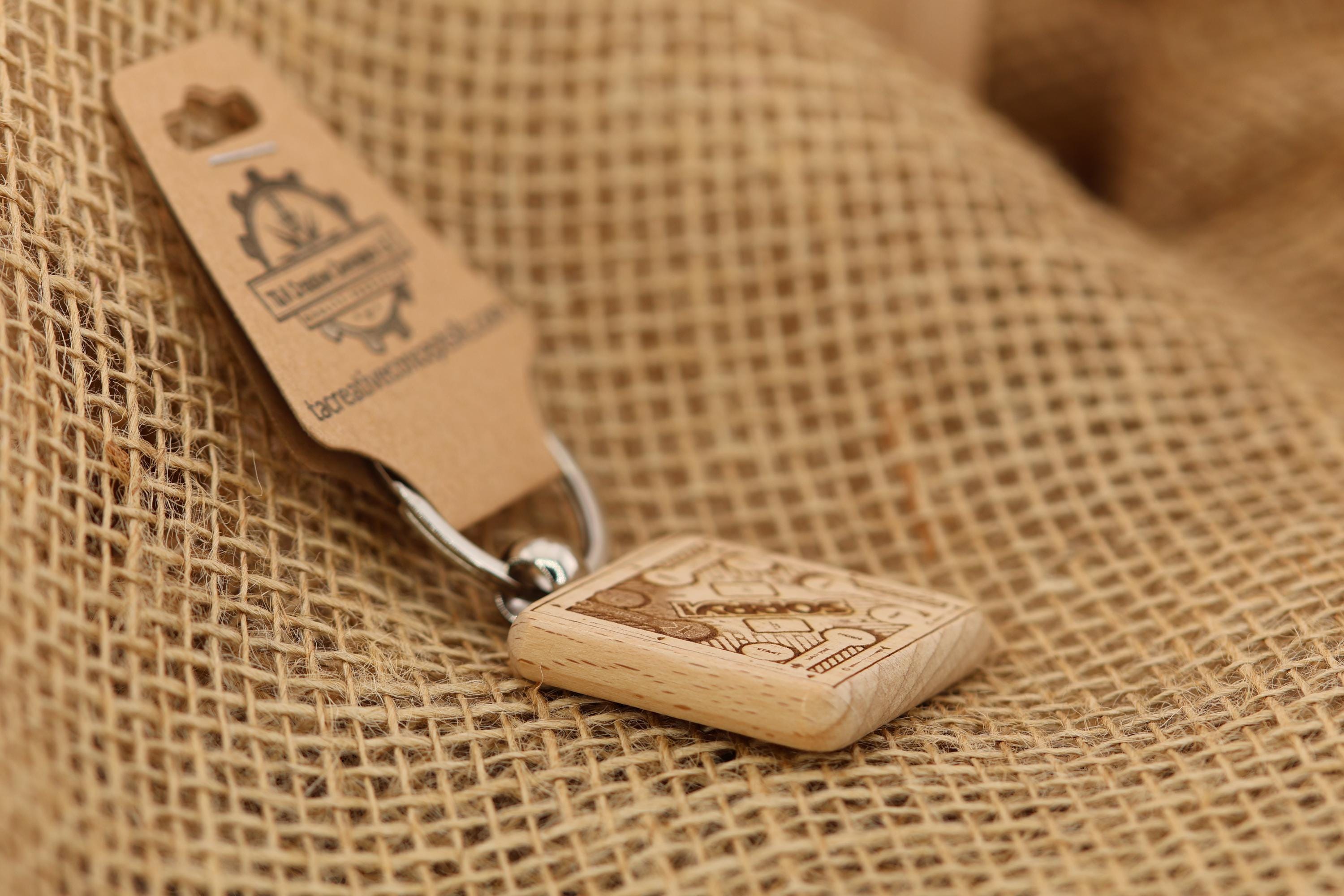 Sorry! board game keychain / bag charm: laser engraved wood & stainless steel