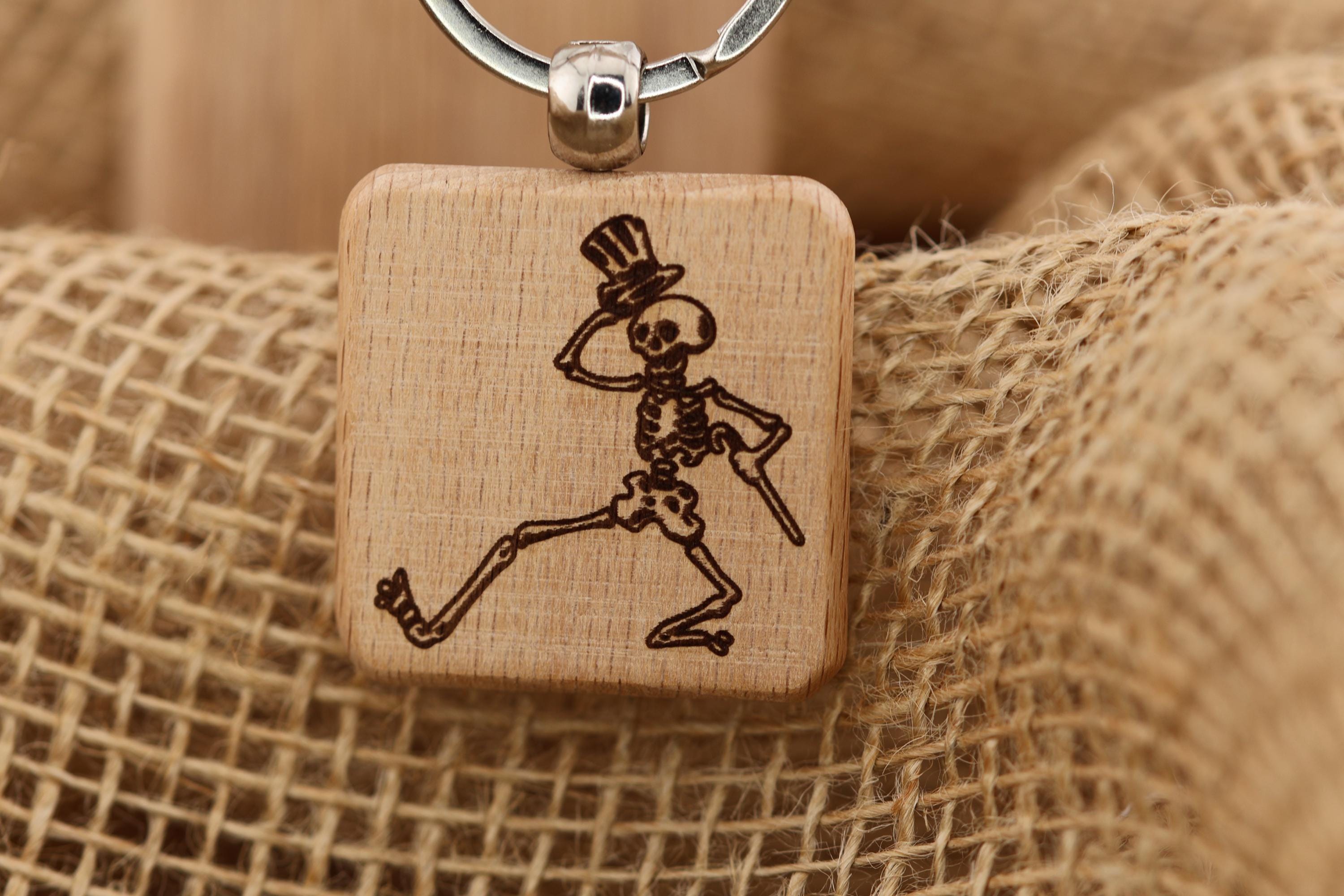 Grateful Dead dancing skeleton keychain / bag charm – double-sided laser engraved wood with stainless steel keyring, band fan gift