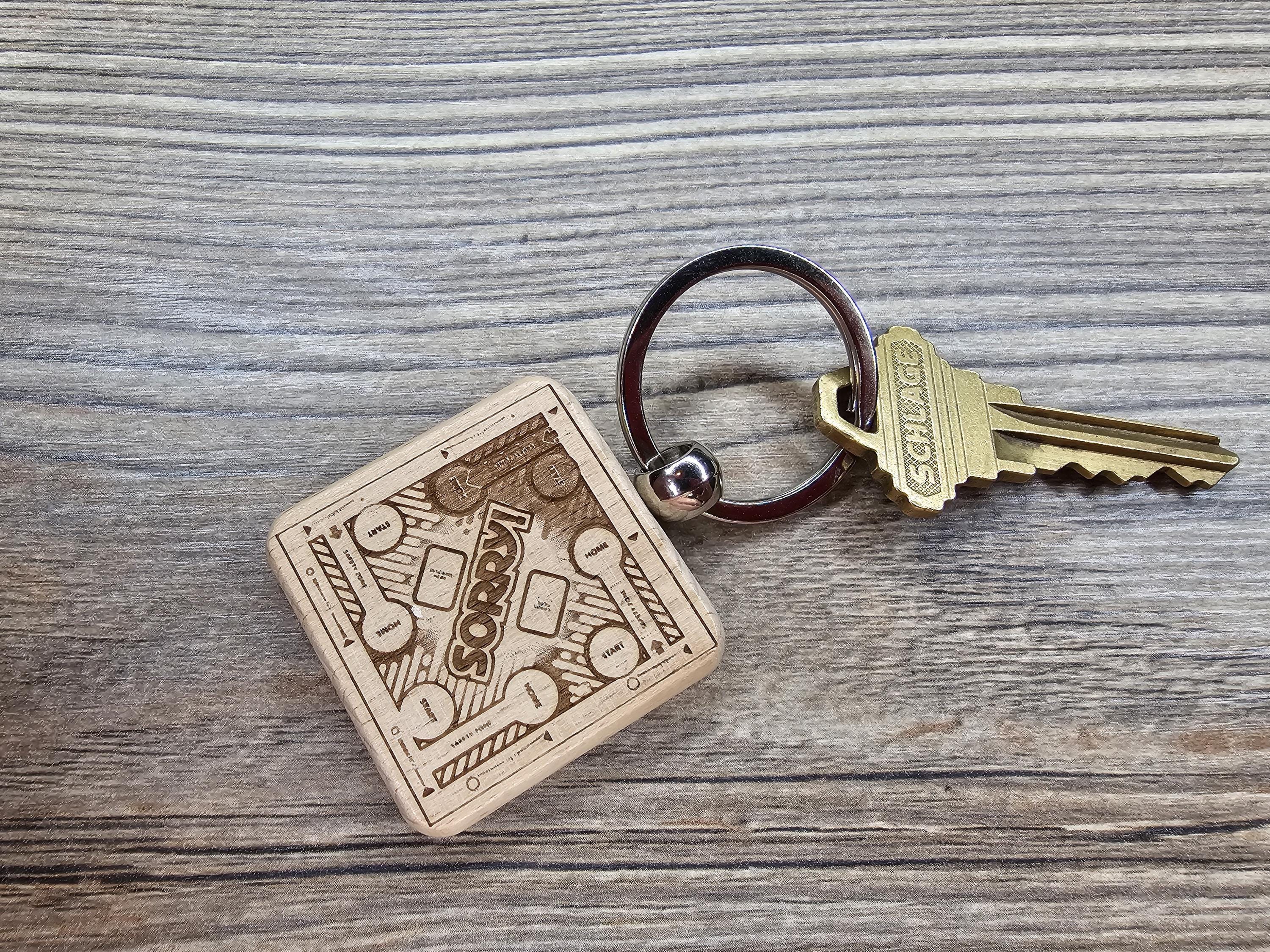 Sorry! board game keychain / bag charm: laser engraved wood & stainless steel