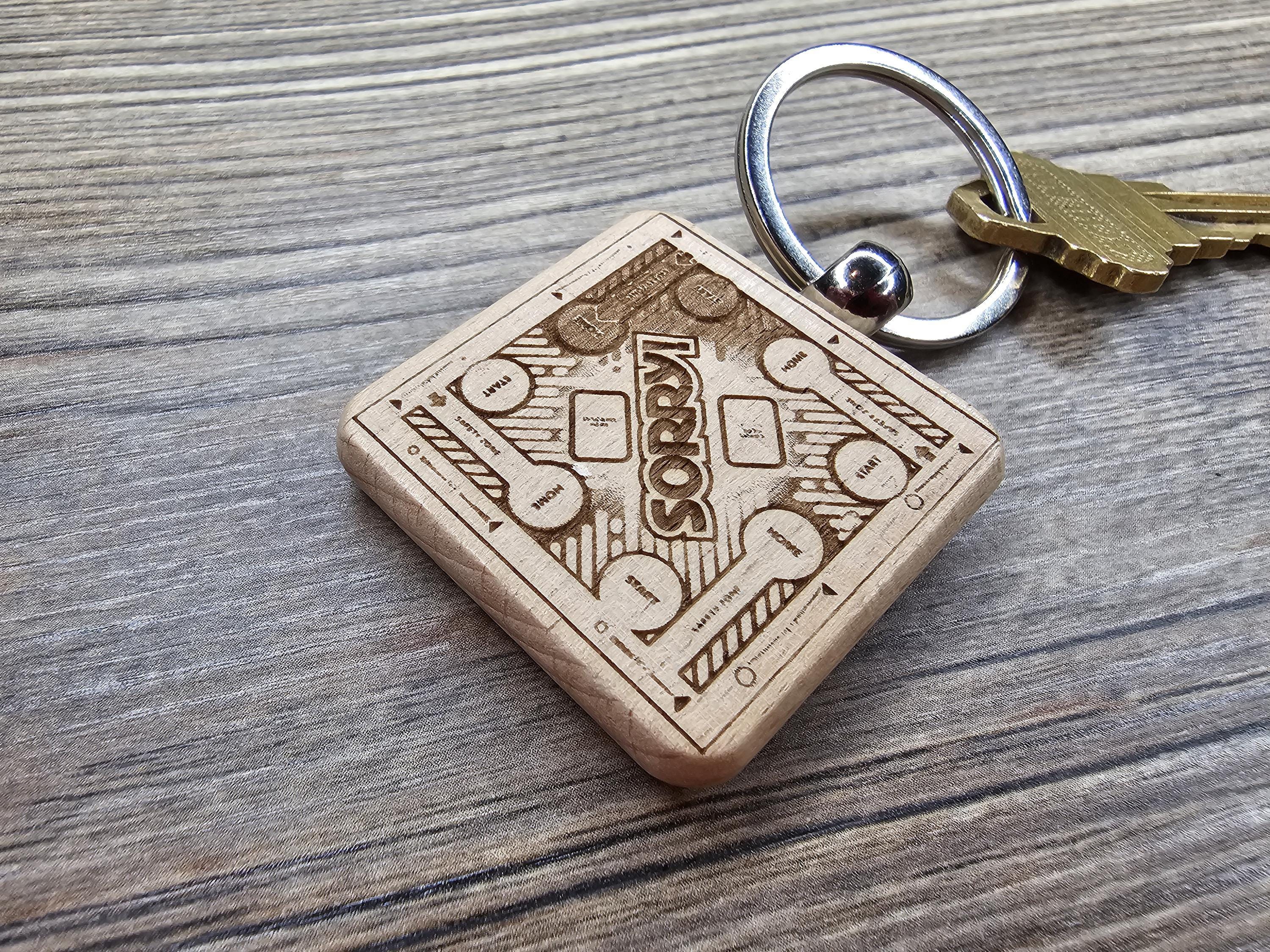 Sorry! board game keychain / bag charm: laser engraved wood & stainless steel