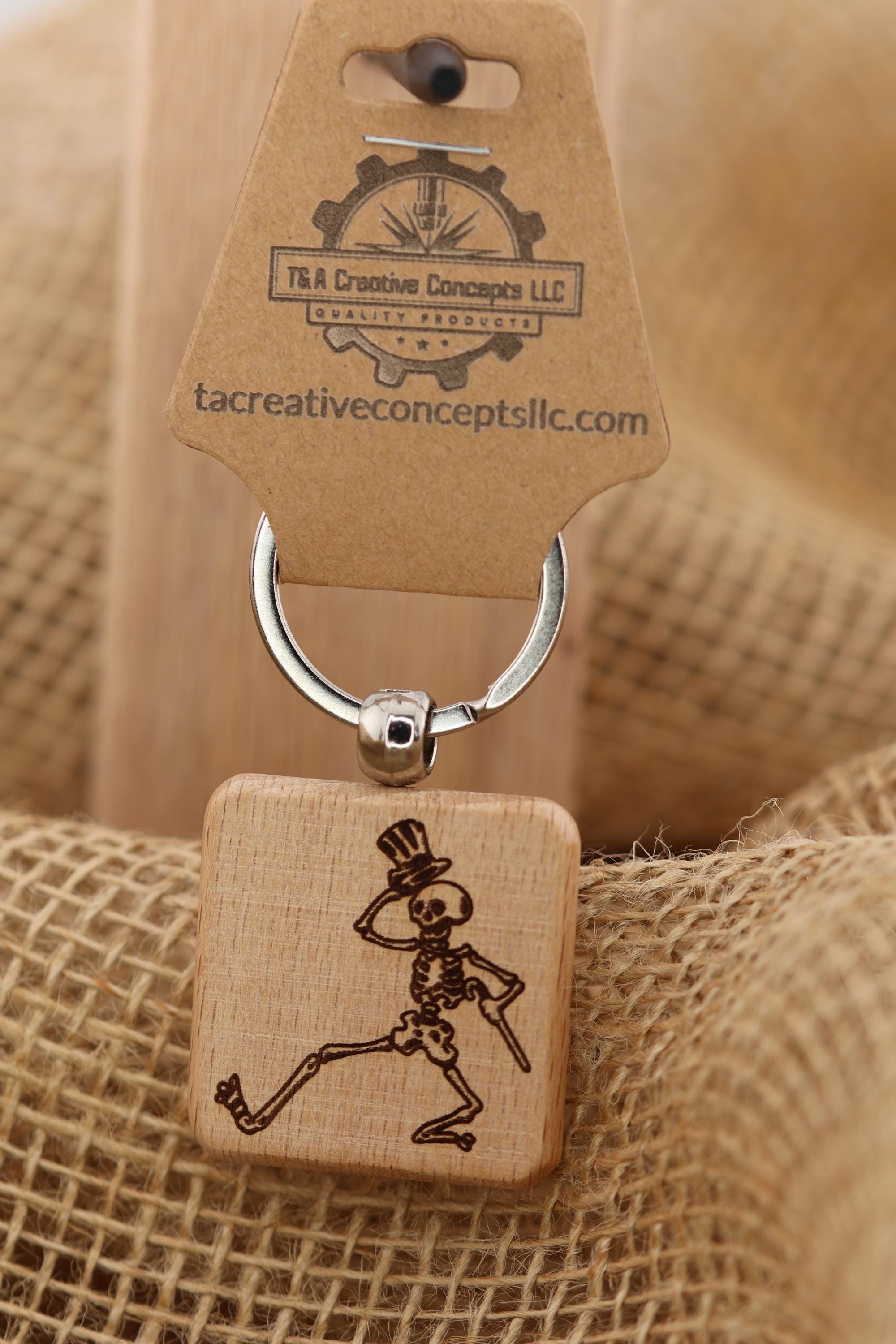Grateful Dead dancing skeleton keychain / bag charm – double-sided laser engraved wood with stainless steel keyring, band fan gift