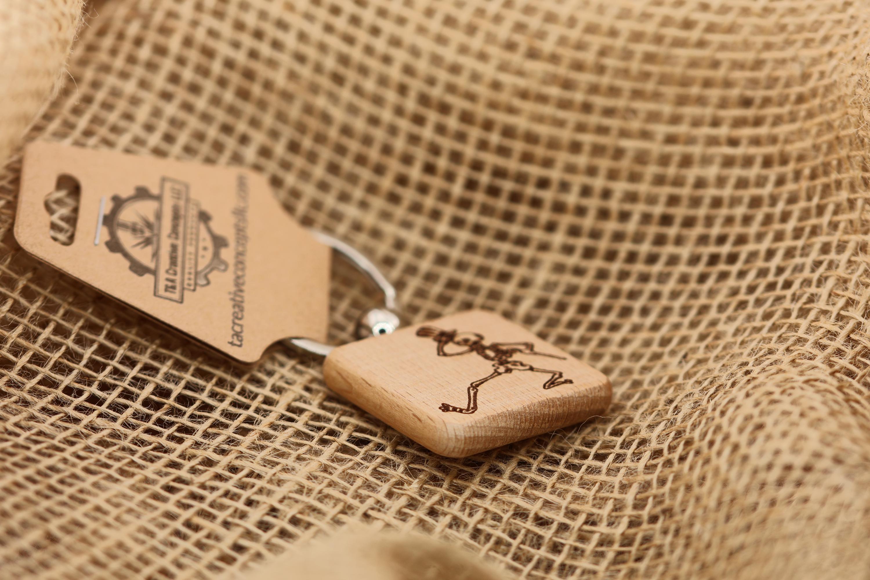 Grateful Dead dancing skeleton keychain / bag charm – double-sided laser engraved wood with stainless steel keyring, band fan gift