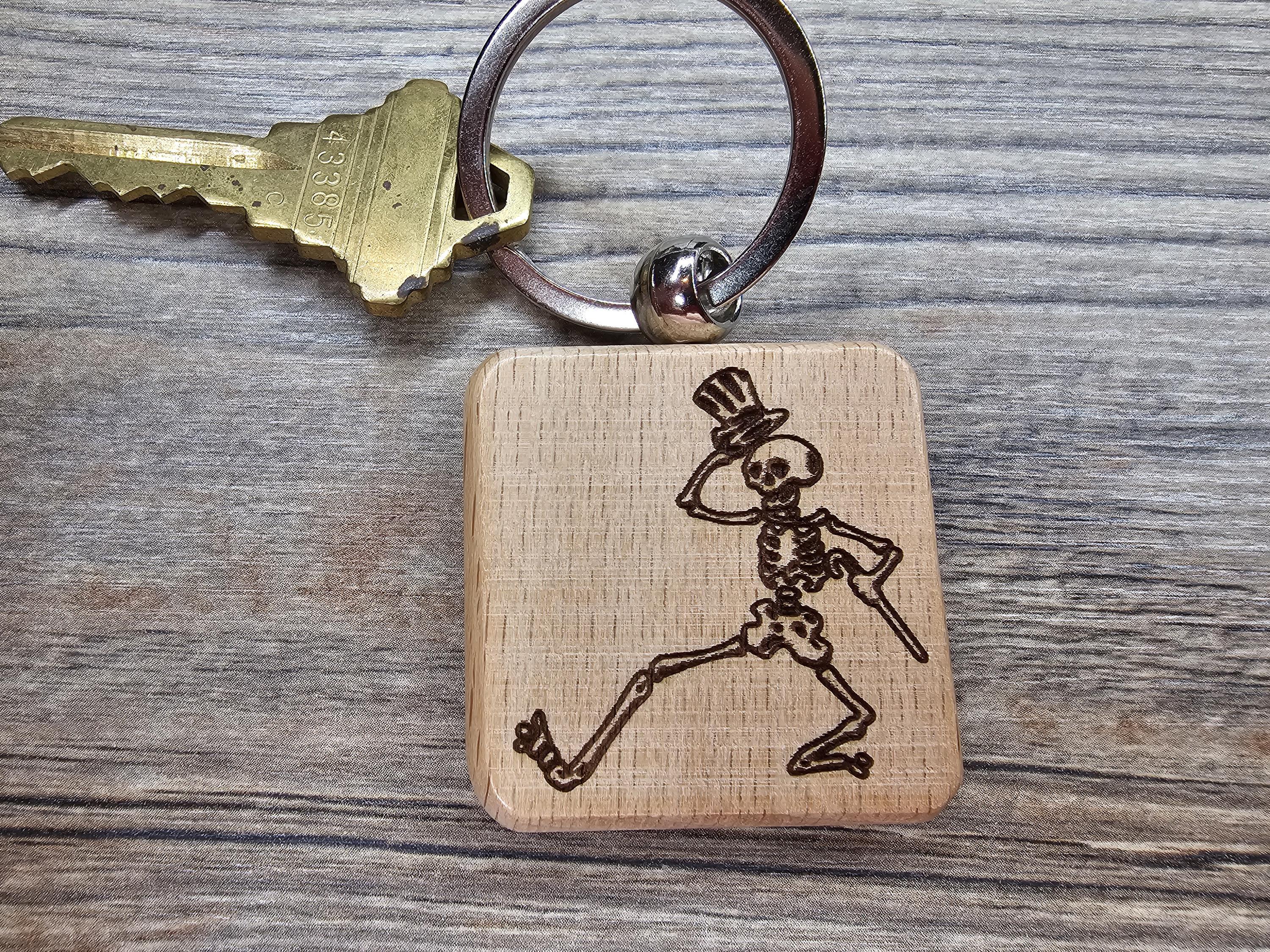 Grateful Dead dancing skeleton keychain / bag charm – double-sided laser engraved wood with stainless steel keyring, band fan gift