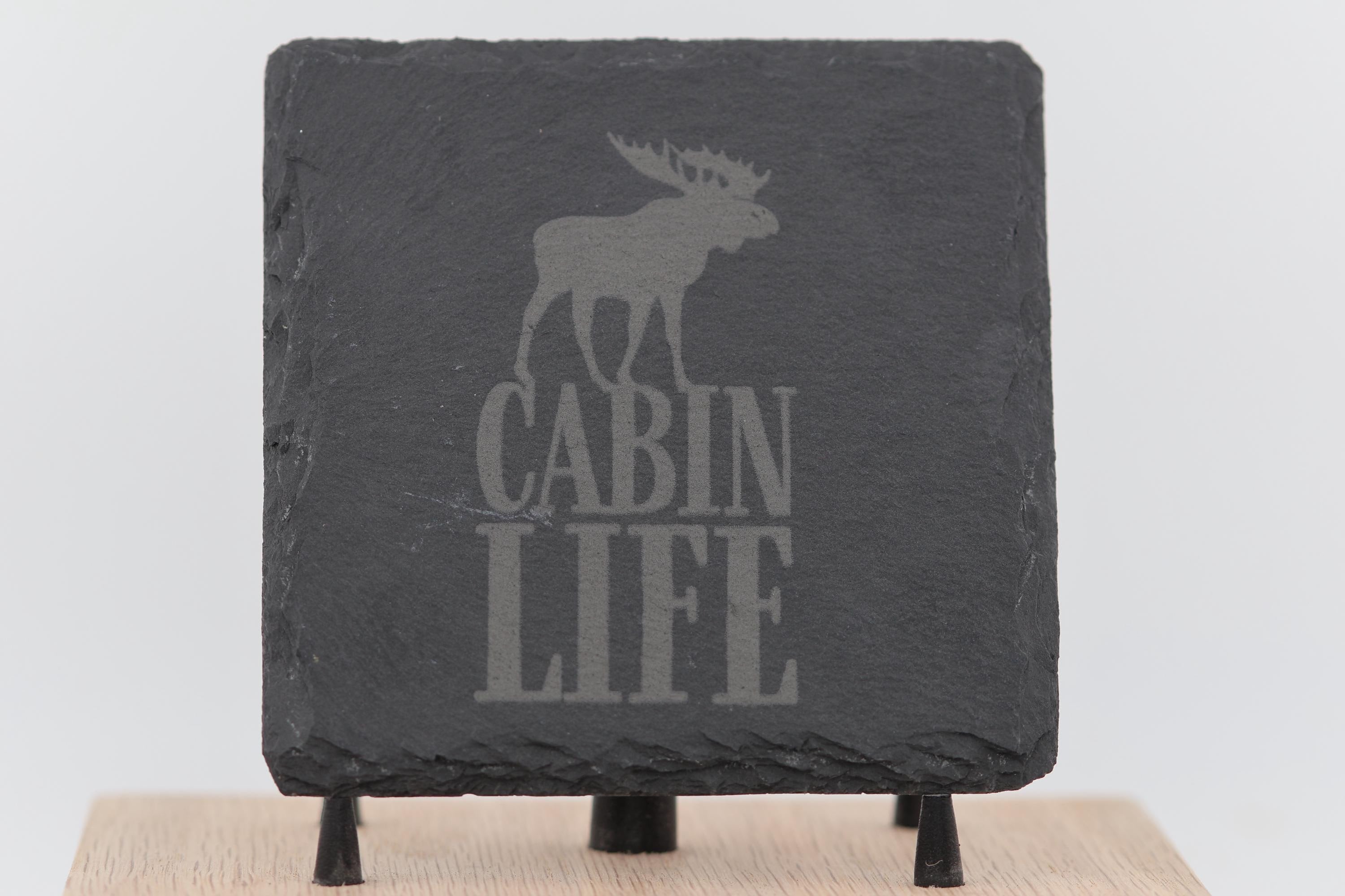Cabin life slate coasters: laser engraved rustic home bar decor