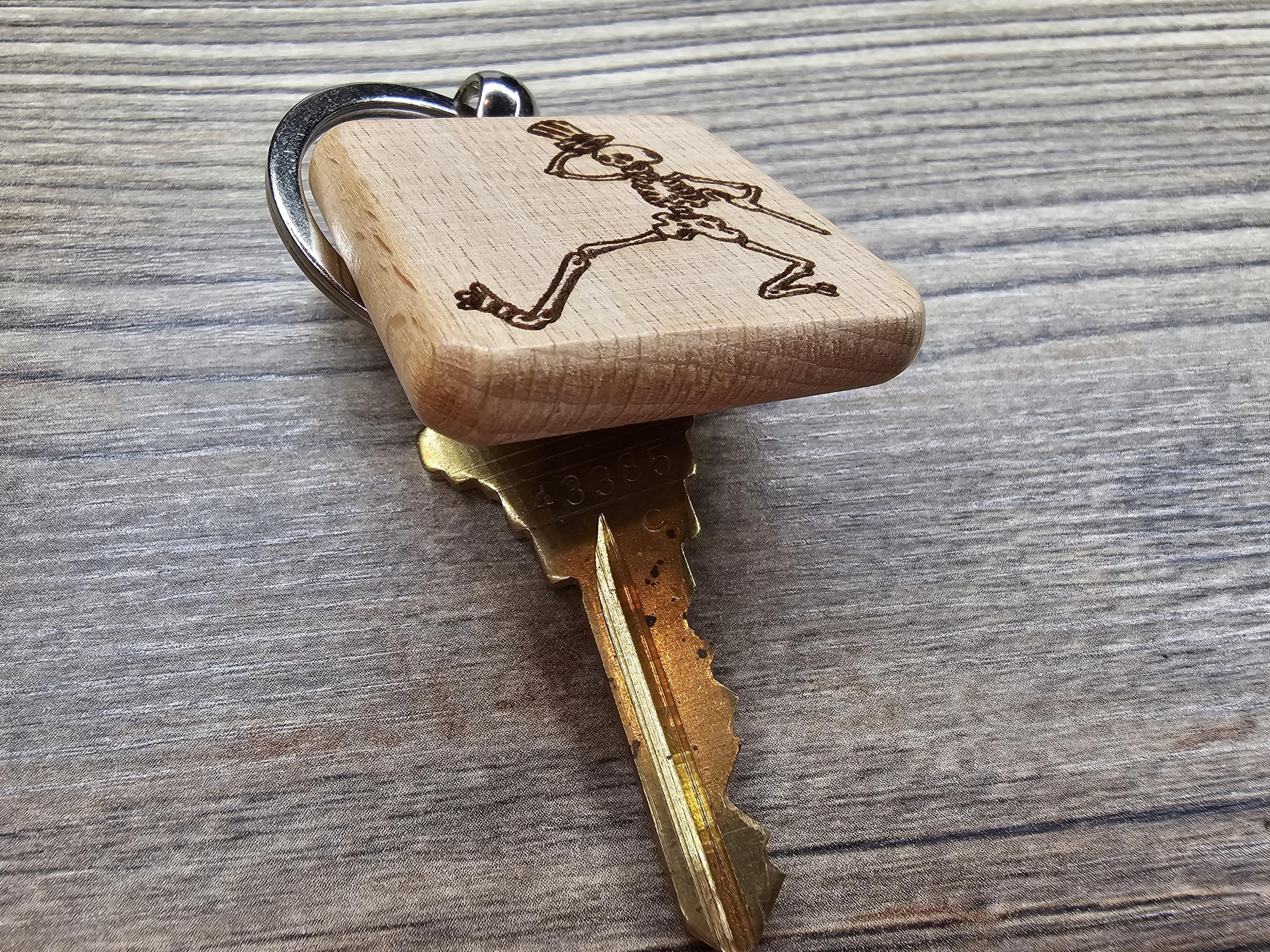 Grateful Dead dancing skeleton keychain / bag charm – double-sided laser engraved wood with stainless steel keyring, band fan gift