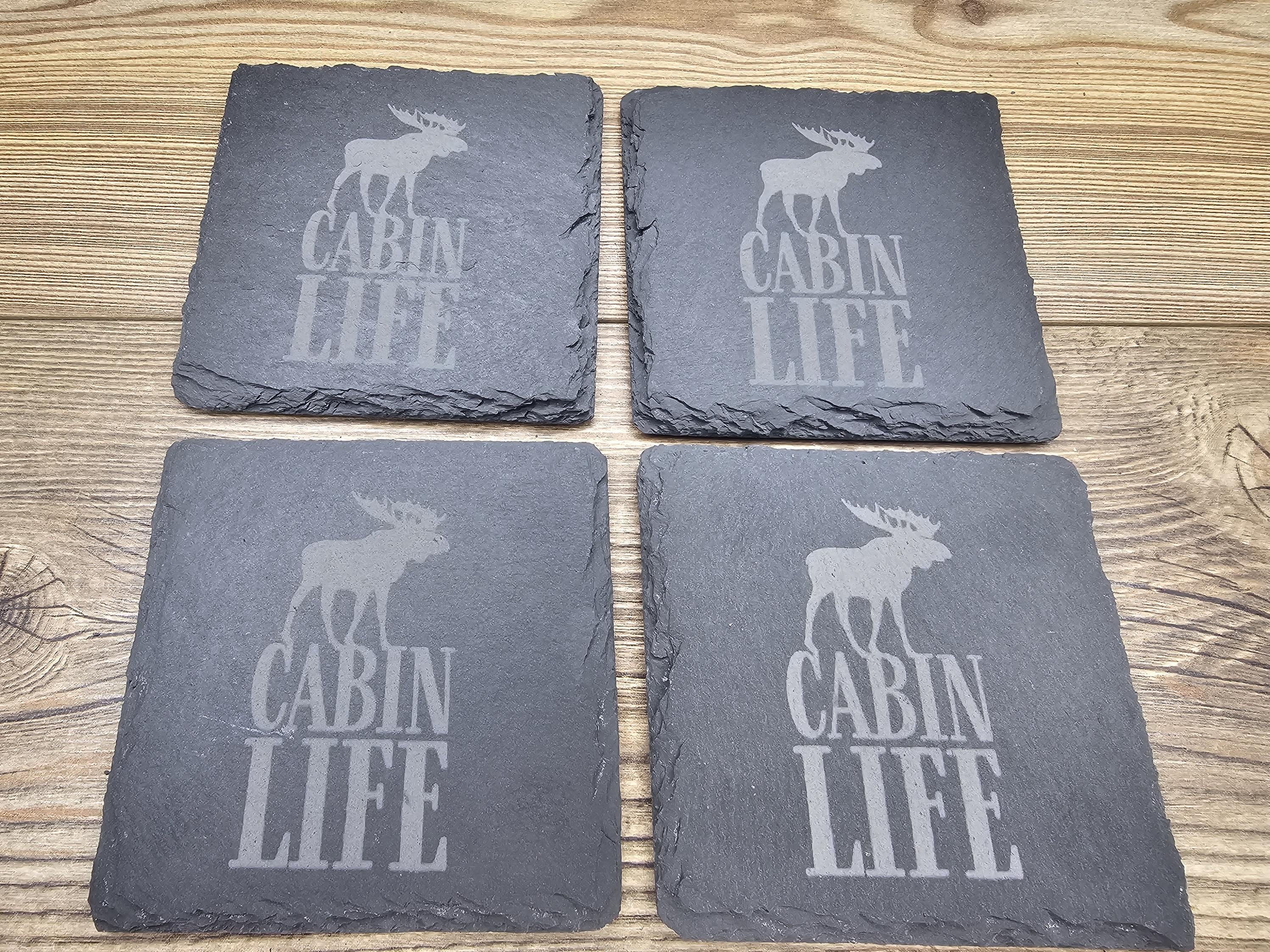 Cabin life slate coasters: laser engraved rustic home bar decor