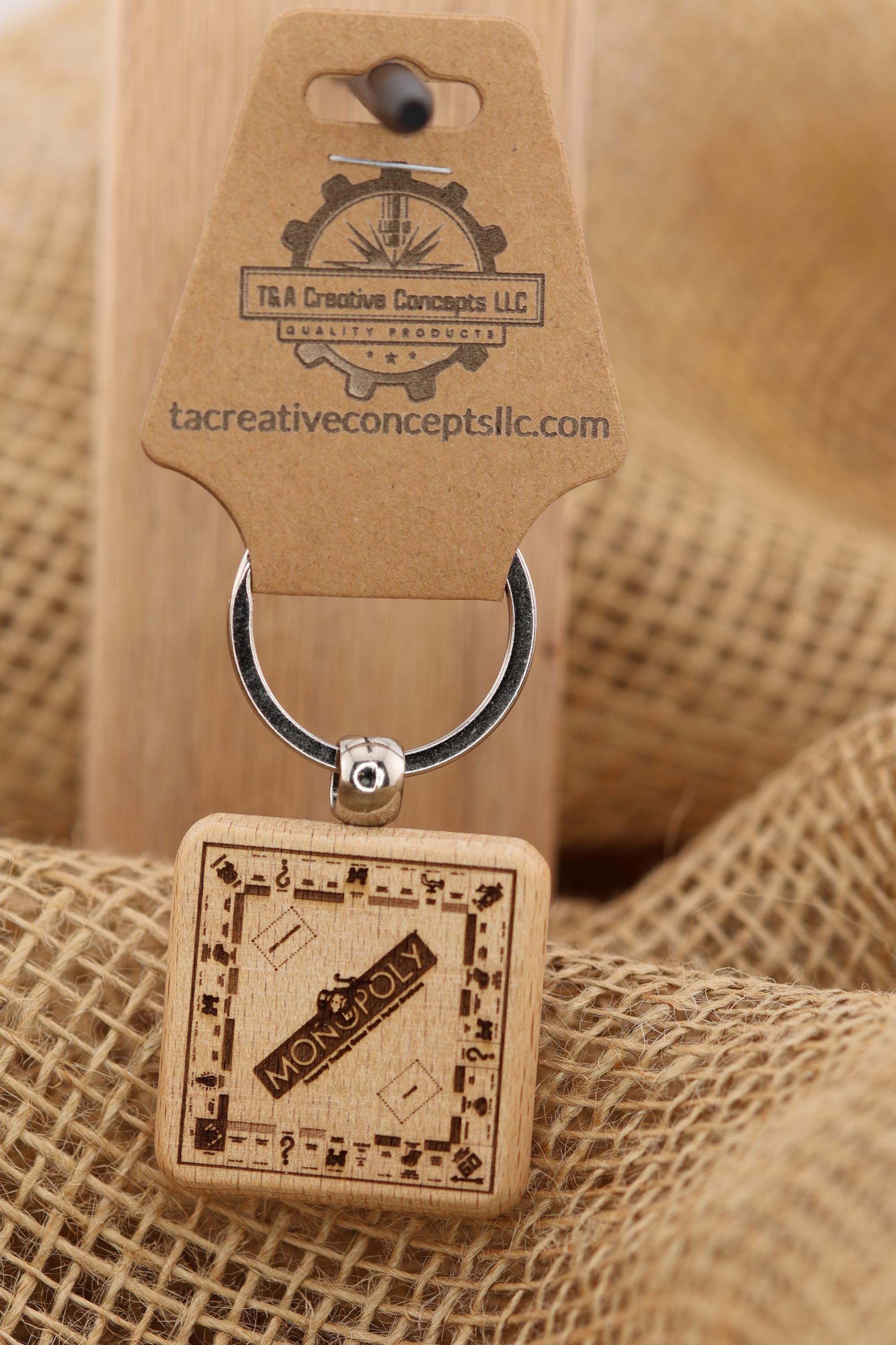 Monopoly board game keychain / bag charm: laser engraved hardwood, stainless steel keyring