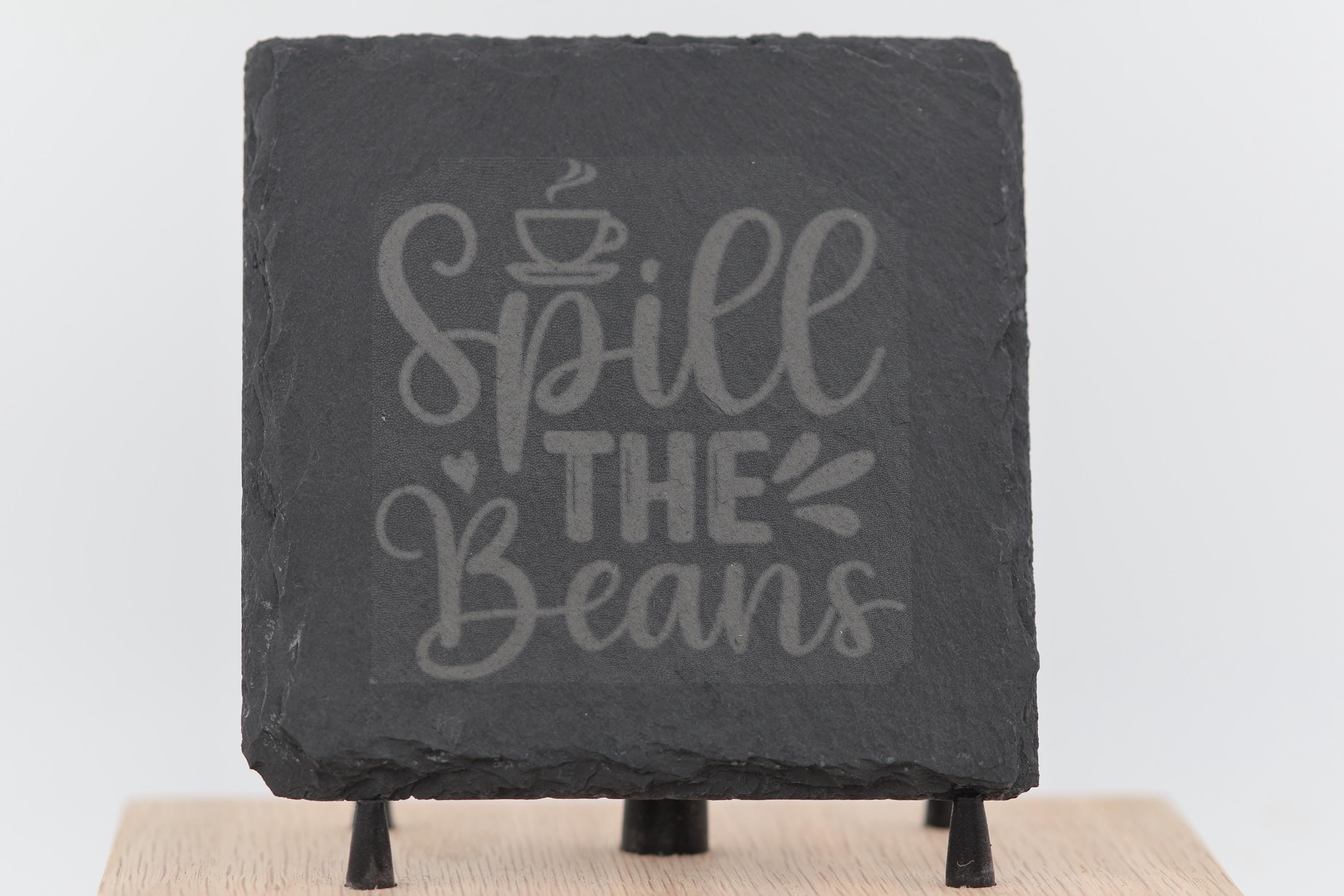 Spill the beans slate coasters: laser engraved, set of 4