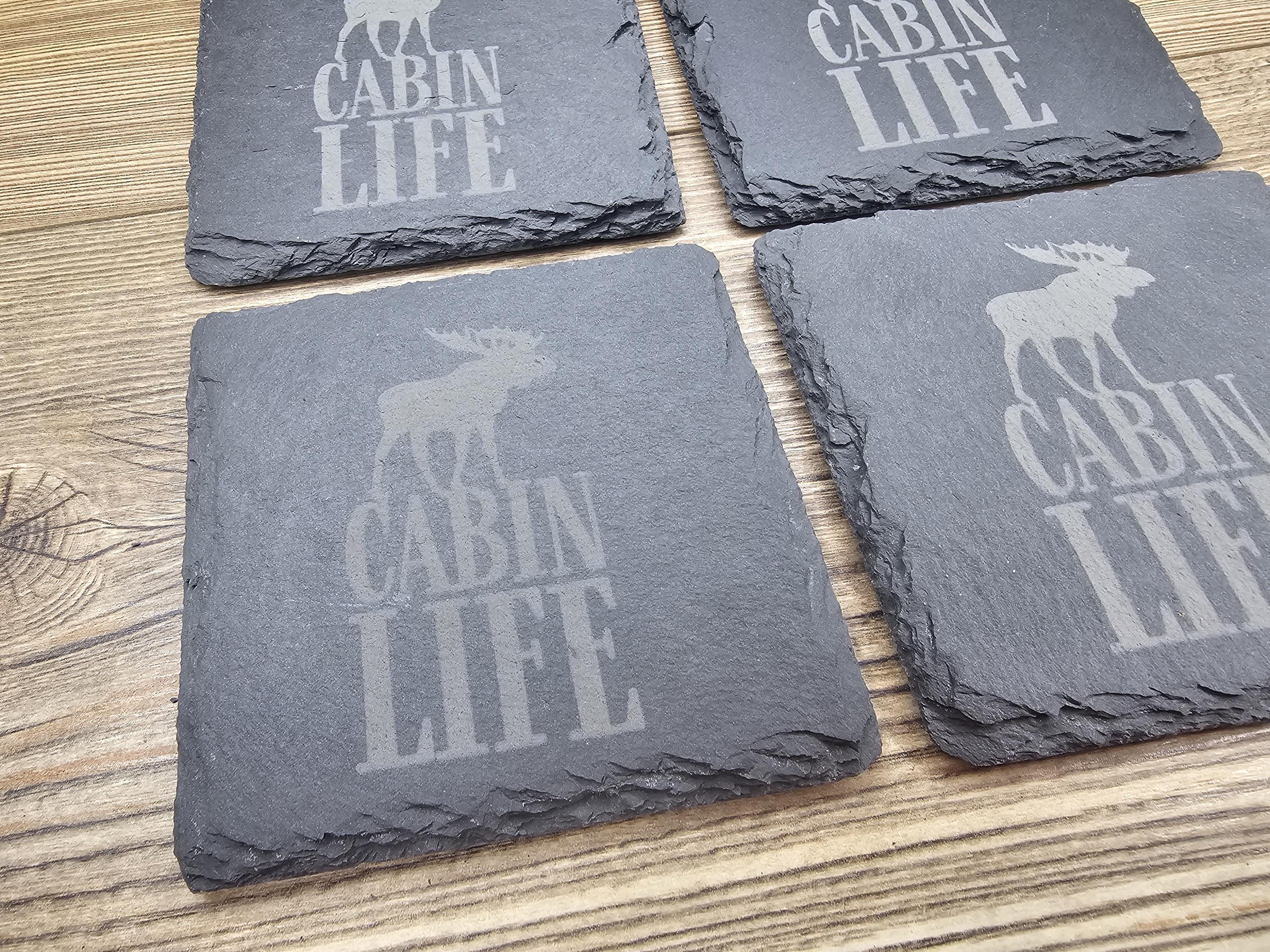 Cabin life slate coasters: laser engraved rustic home bar decor
