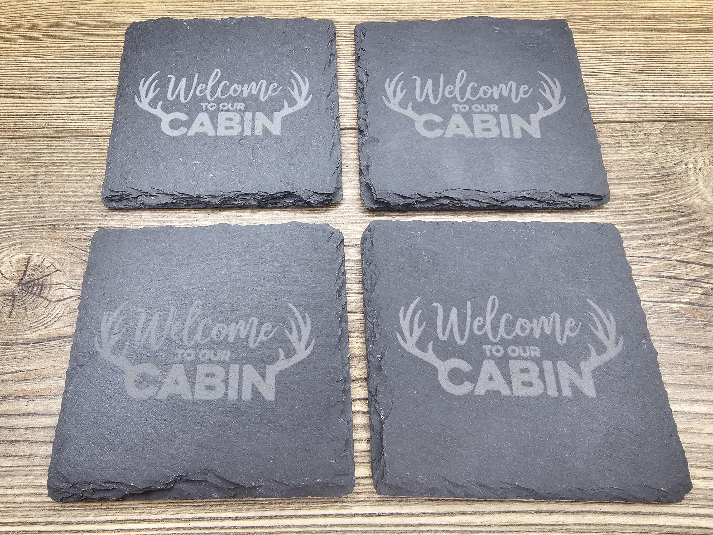 Laser engraved slate cabin coasters: rustic home bar decor