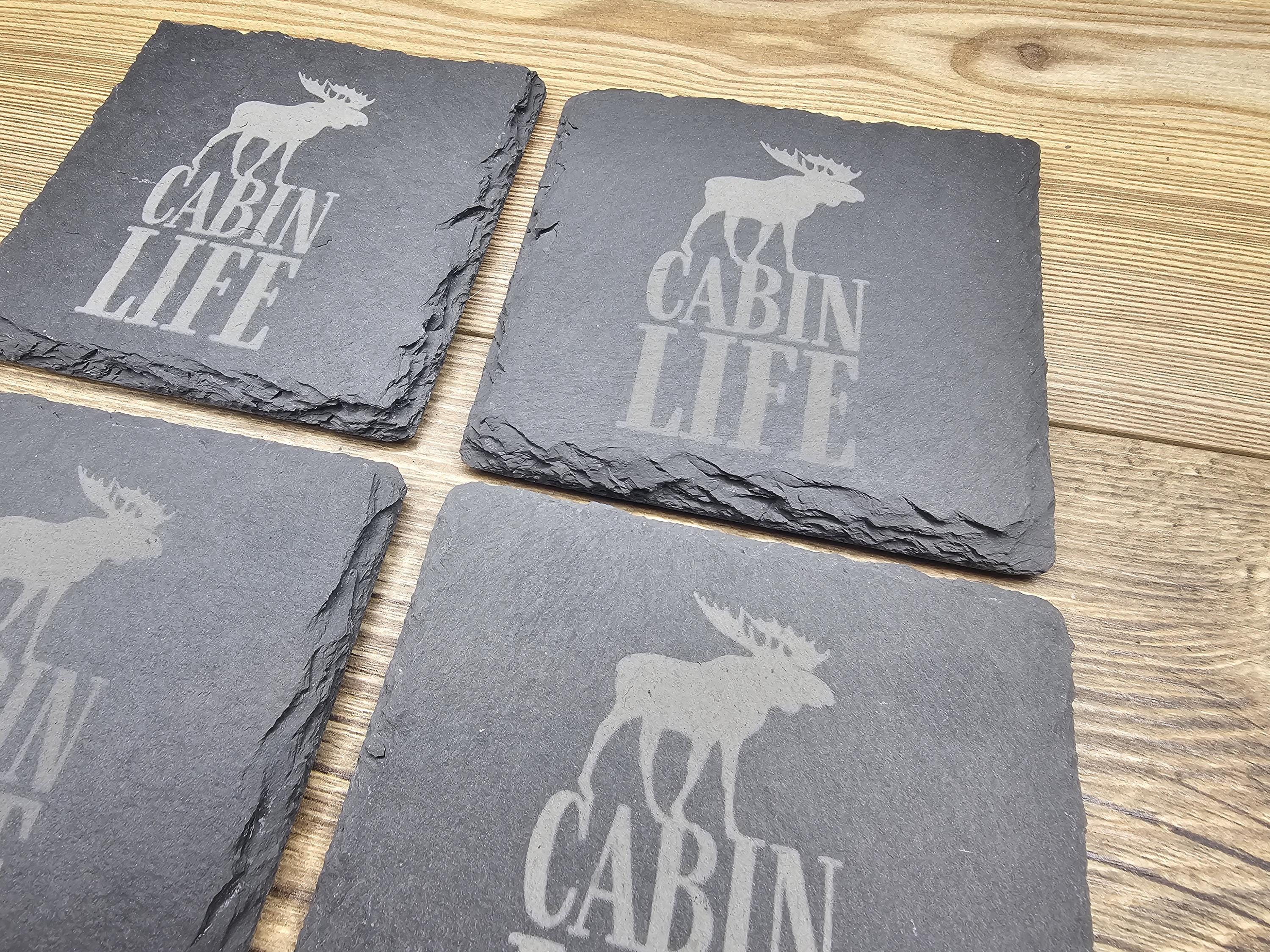 Cabin life slate coasters: laser engraved rustic home bar decor