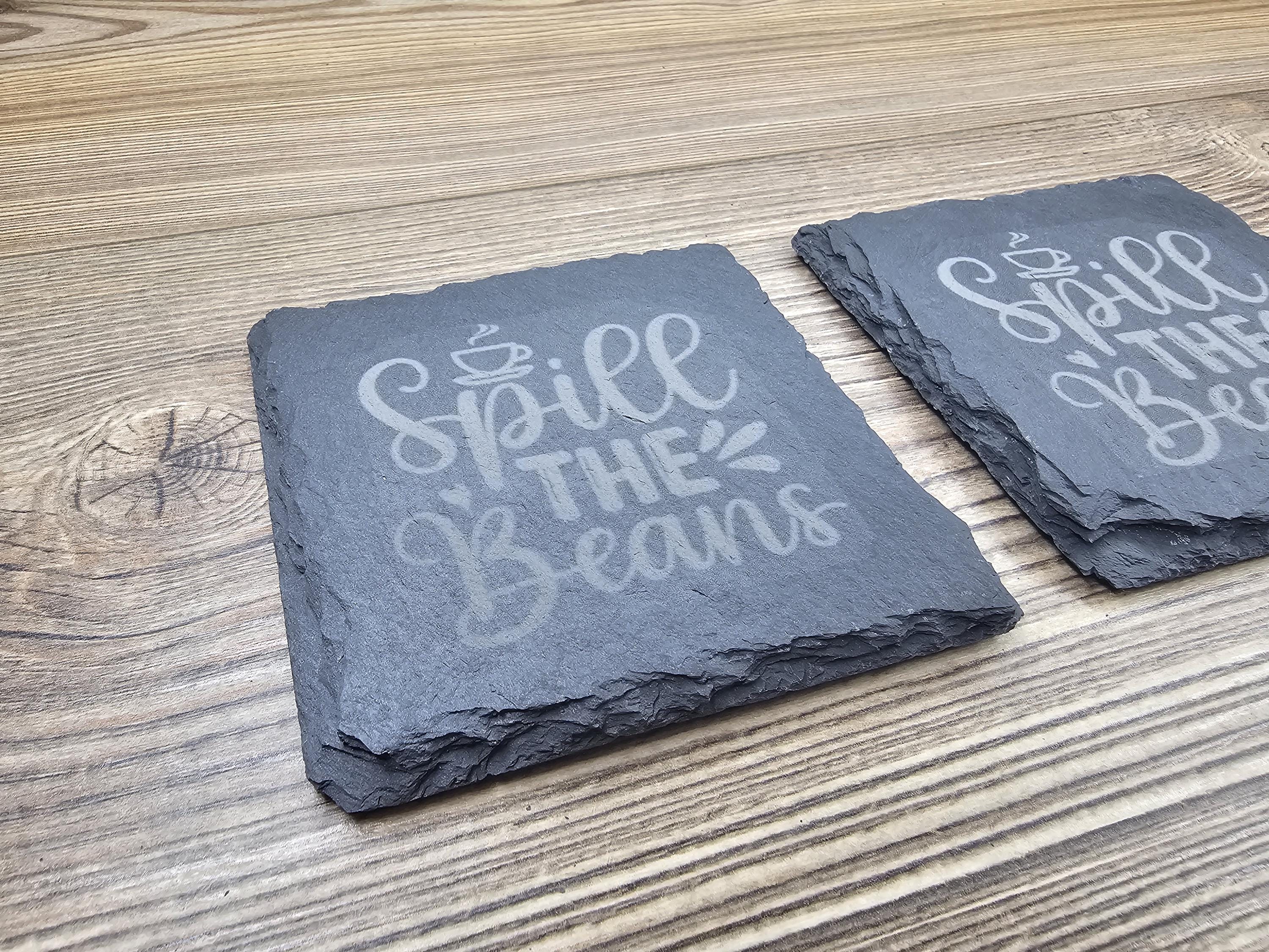 Spill the beans slate coasters: laser engraved, set of 4