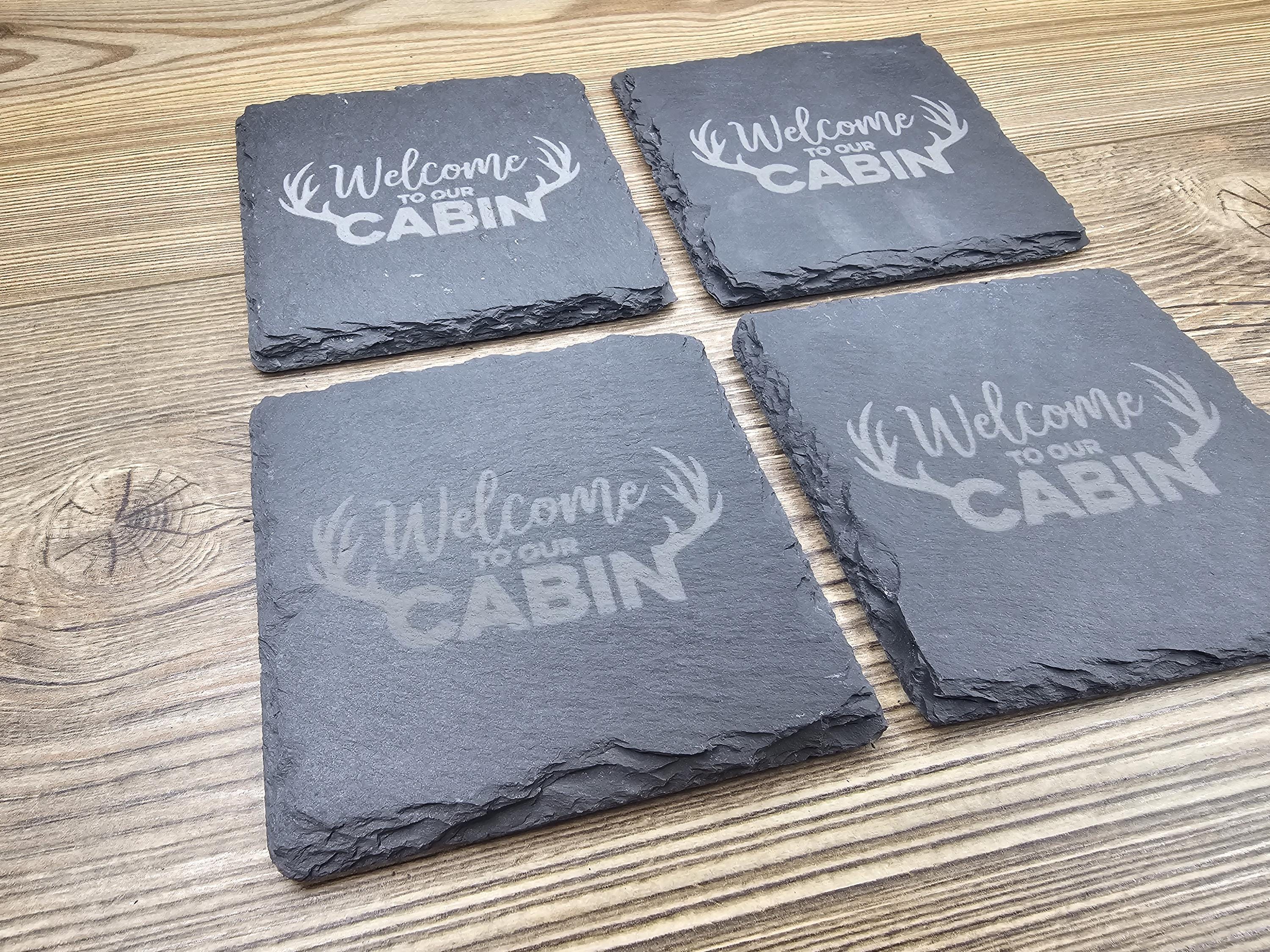 Laser engraved slate cabin coasters: rustic home bar decor