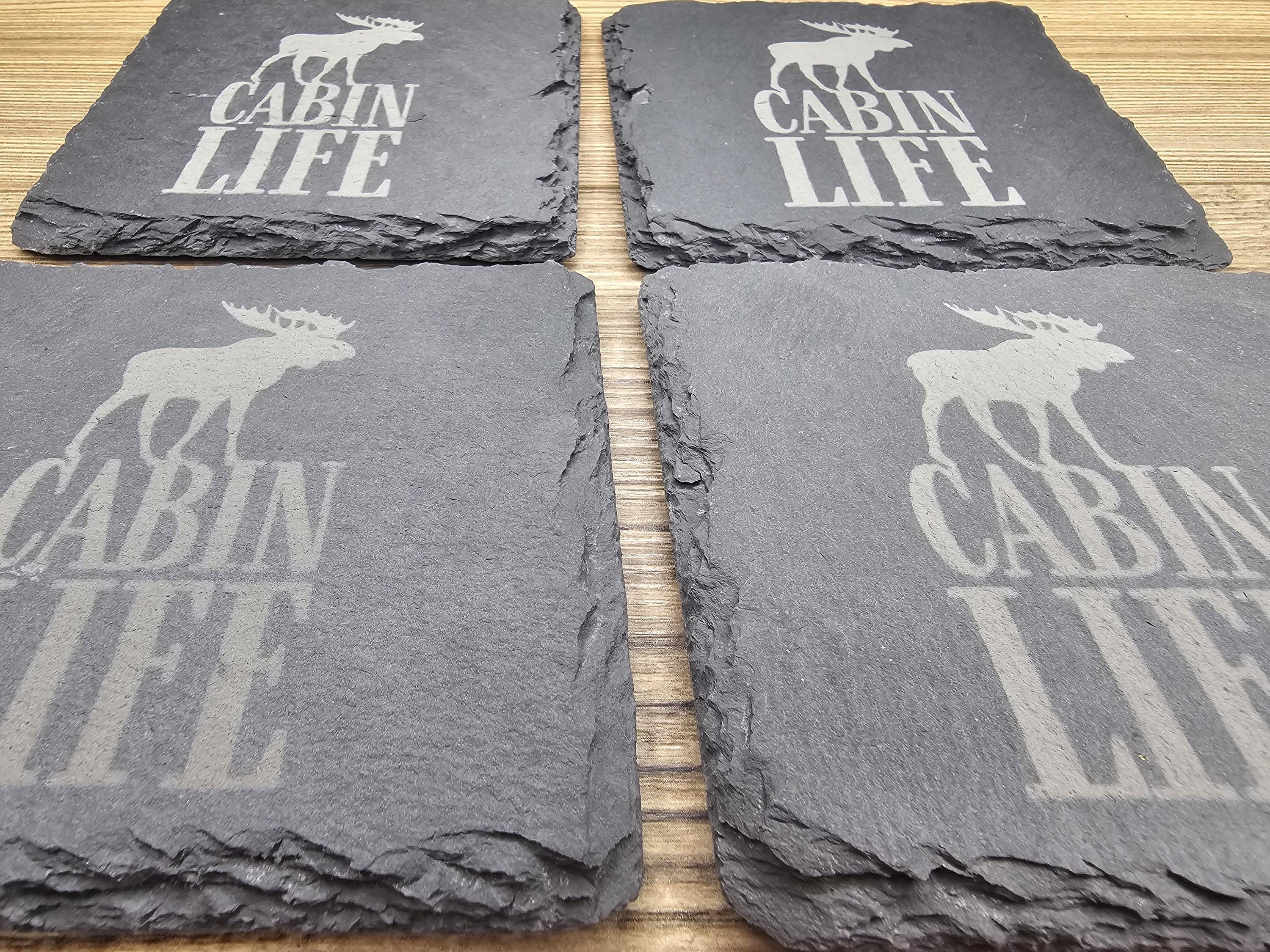 Cabin life slate coasters: laser engraved rustic home bar decor