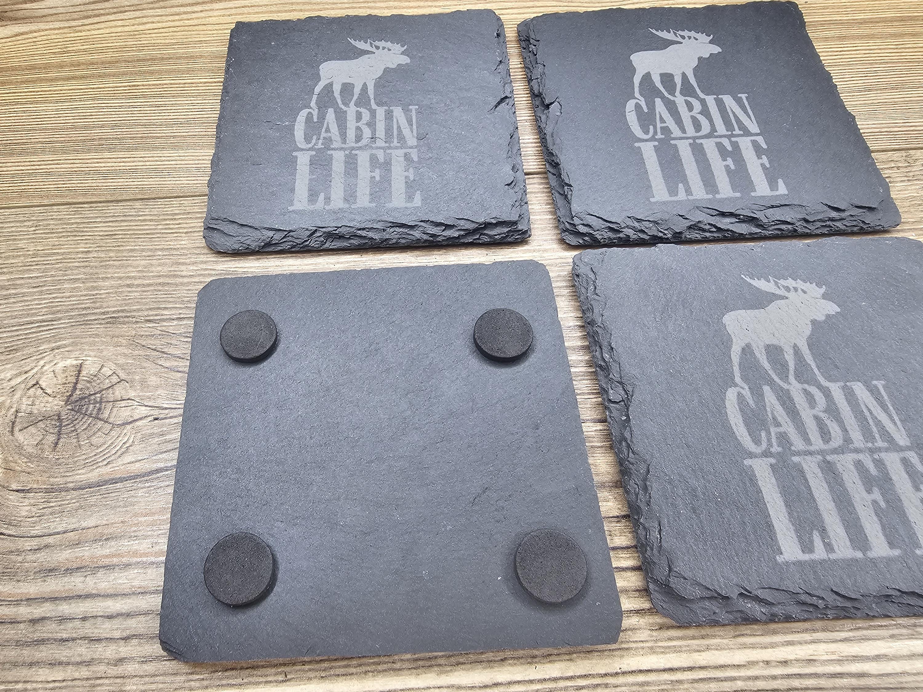 Cabin life slate coasters: laser engraved rustic home bar decor