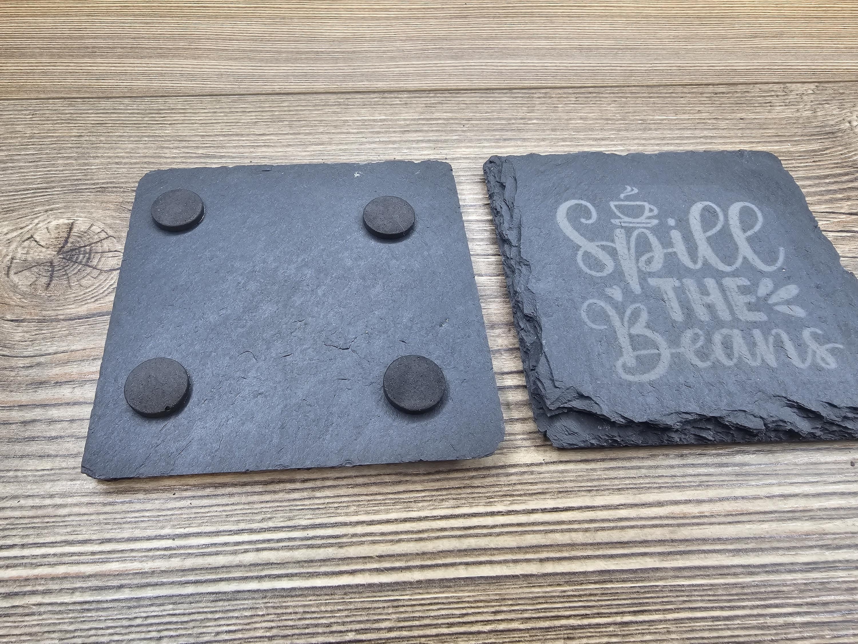 Spill the beans slate coasters: laser engraved, set of 4