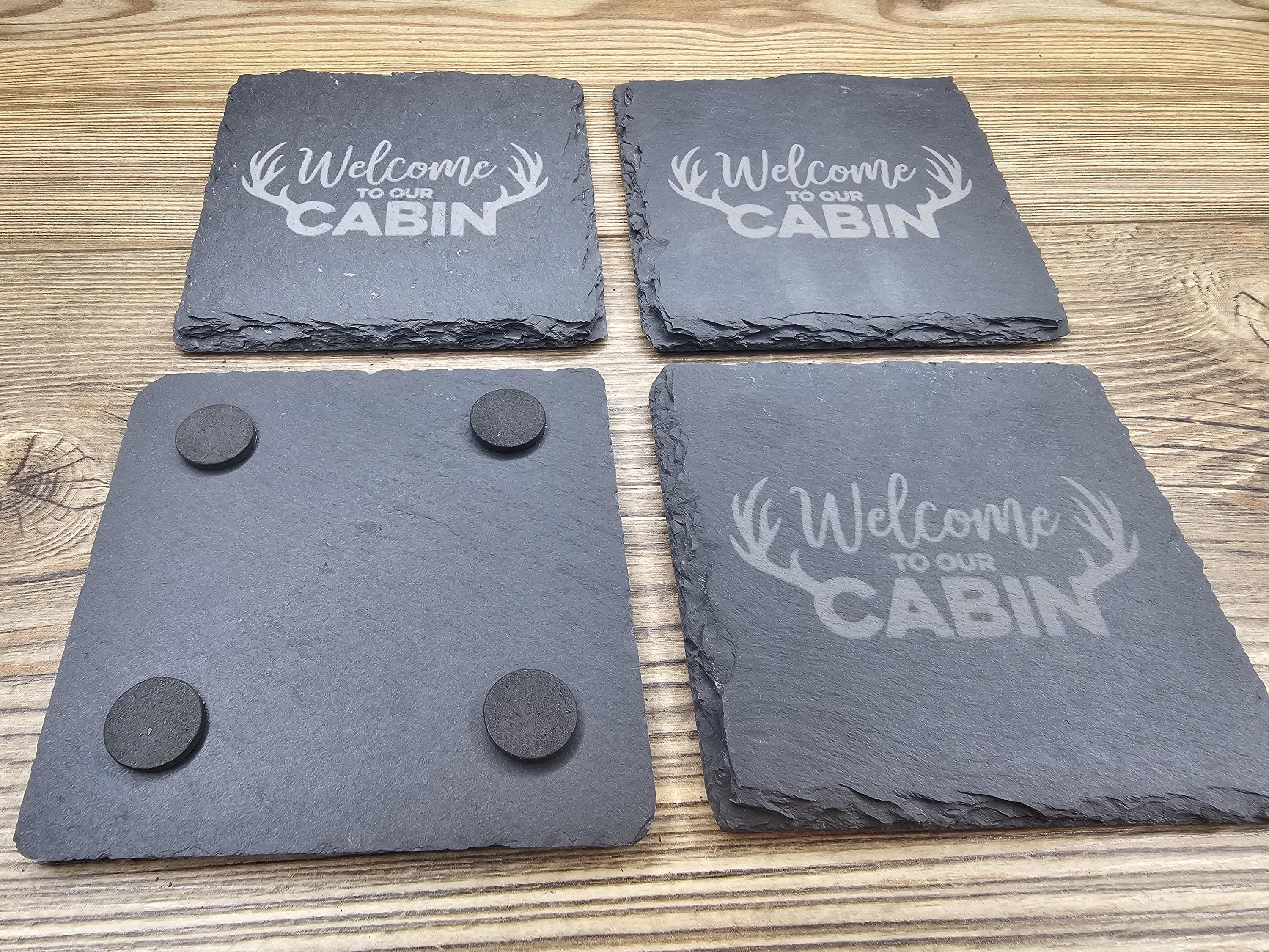 Laser engraved slate cabin coasters: rustic home bar decor