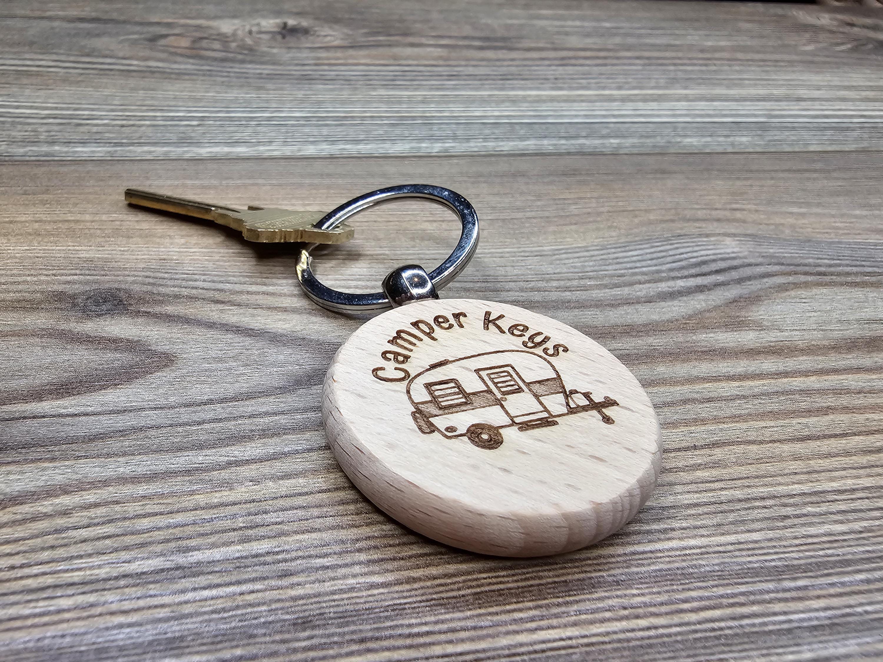 Laser engraved wood camper keys keychain: rv gift with stainless steel ring