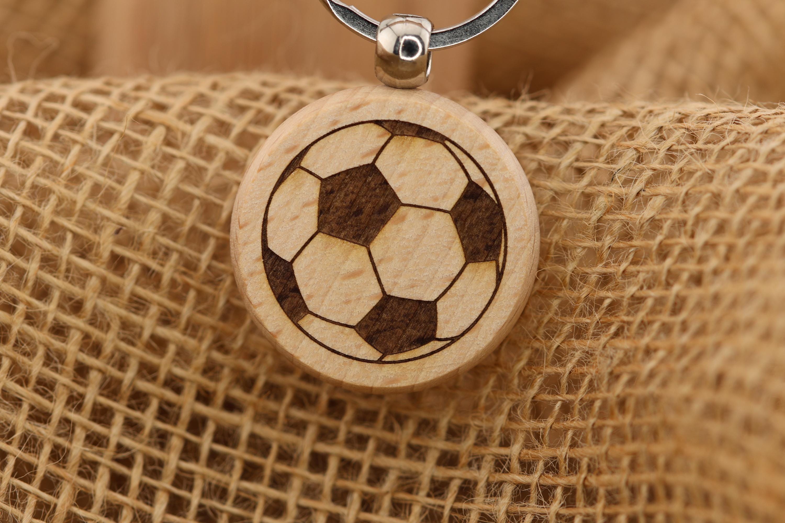 Laser engraved wood soccer ball keychain / bag charm: stainless steel keyring