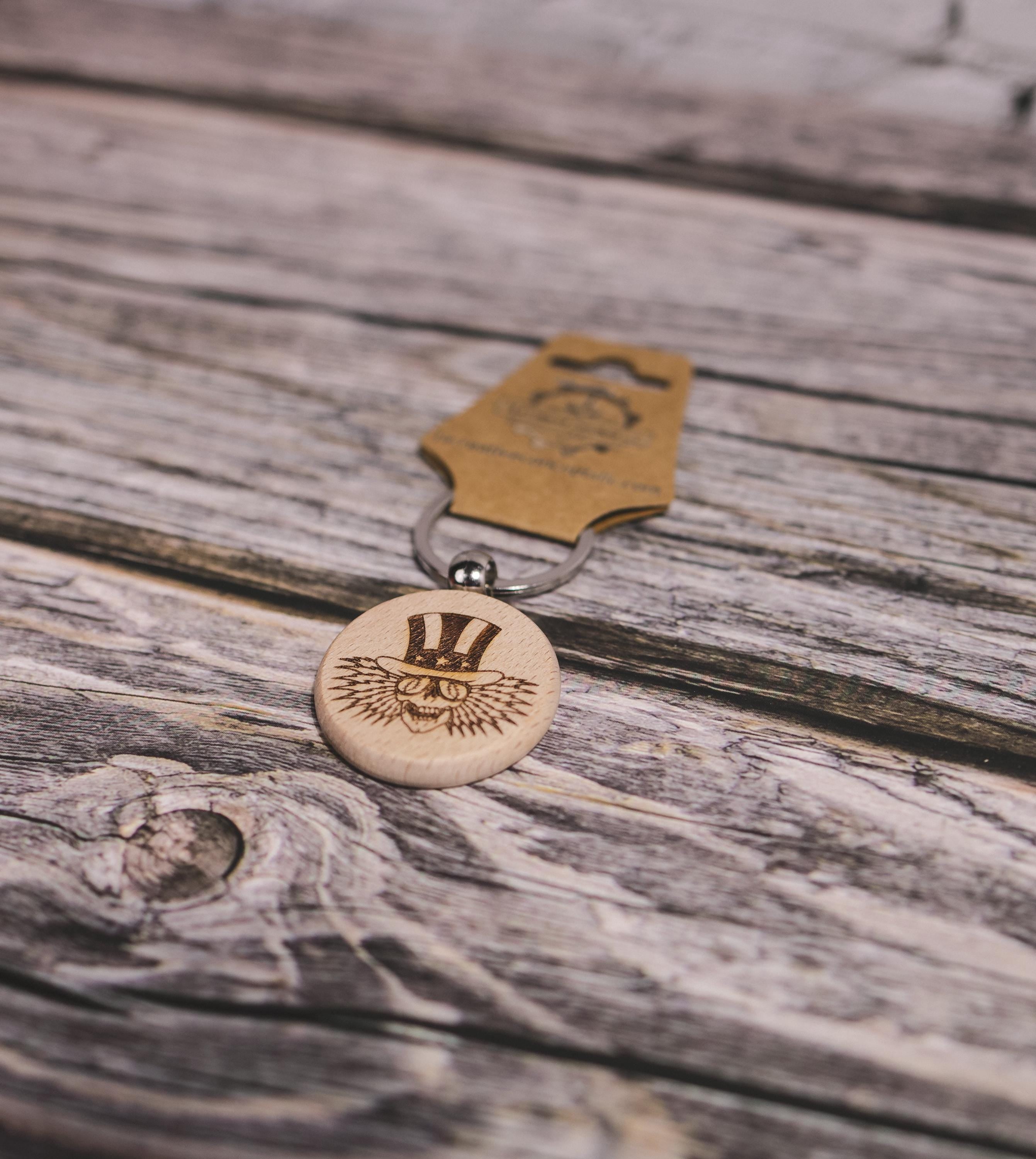 Grateful Dead Uncle Sam keychain / bag charm– double-sided laser engraved wood with stainless steel keyring, music fan gift