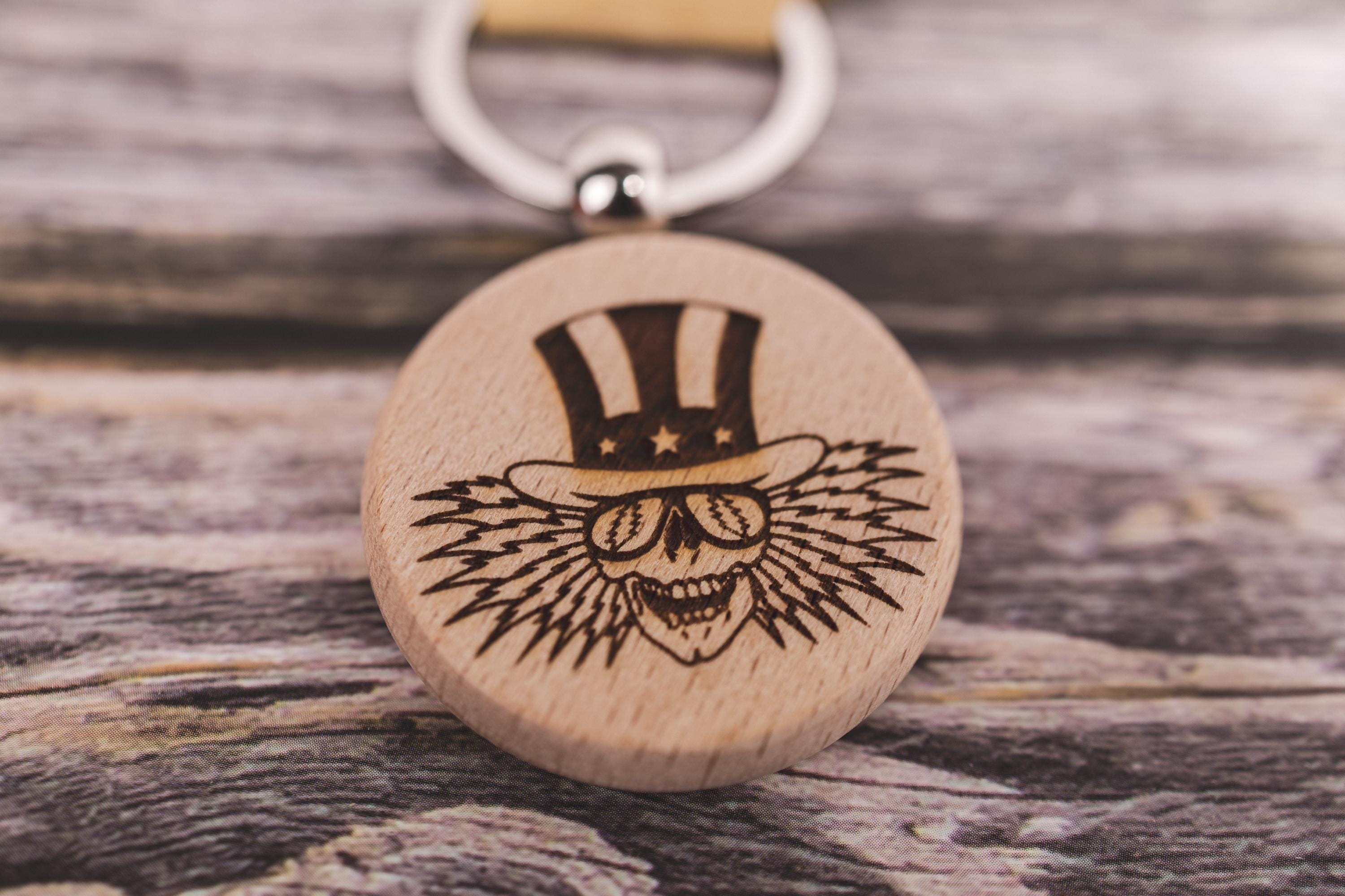 Grateful Dead Uncle Sam keychain / bag charm– double-sided laser engraved wood with stainless steel keyring, music fan gift