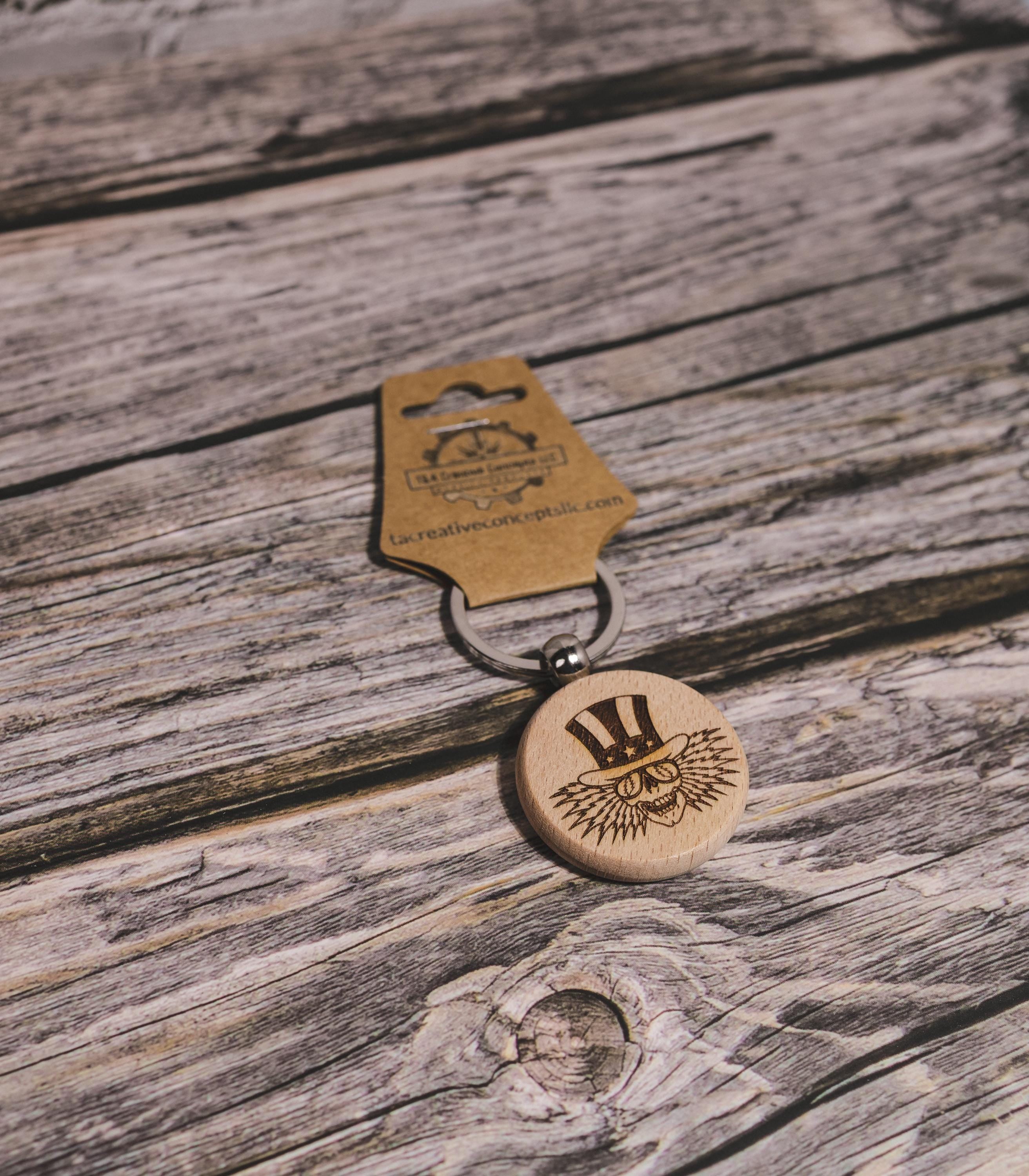 Grateful Dead Uncle Sam keychain / bag charm– double-sided laser engraved wood with stainless steel keyring, music fan gift