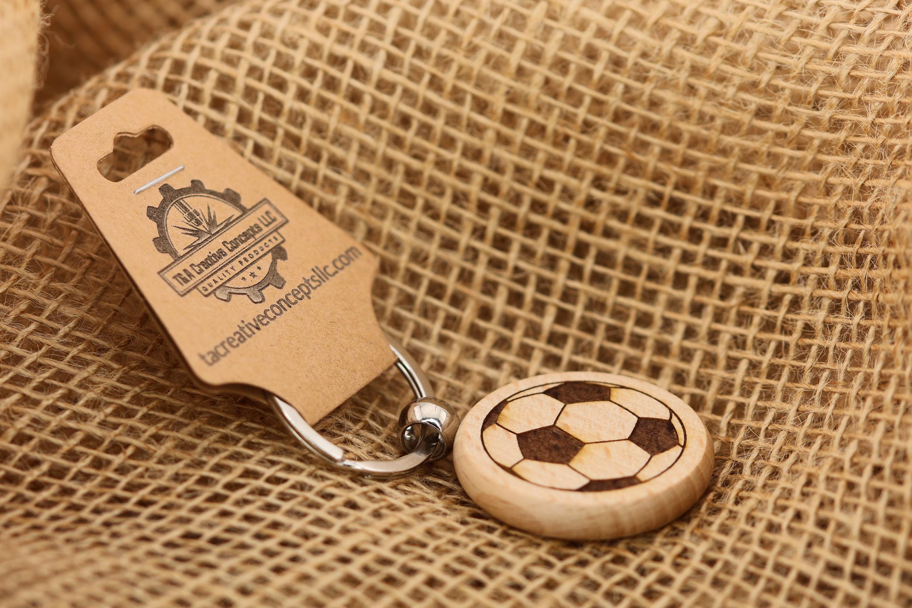 Laser engraved wood soccer ball keychain / bag charm: stainless steel keyring