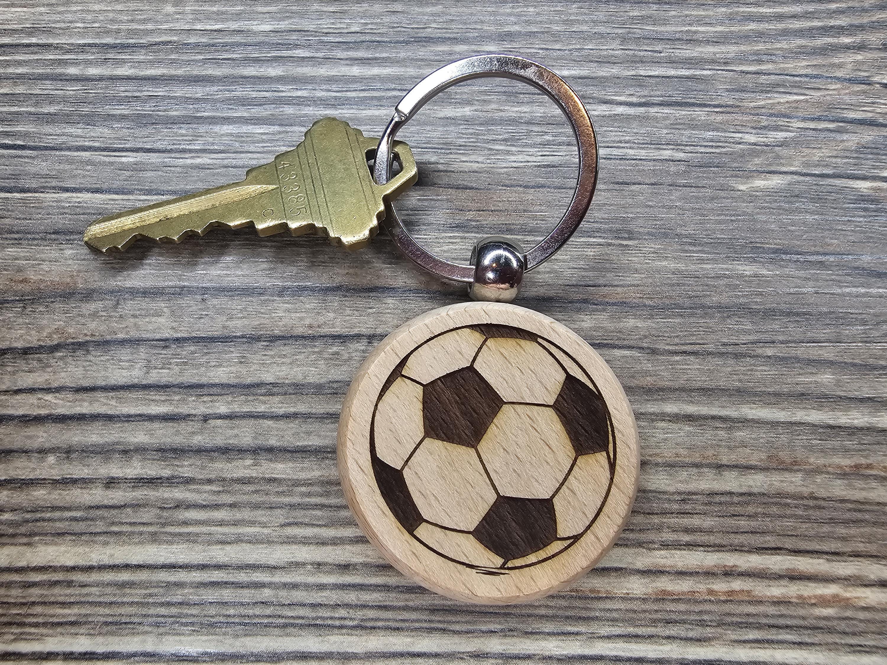 Laser engraved wood soccer ball keychain / bag charm: stainless steel keyring