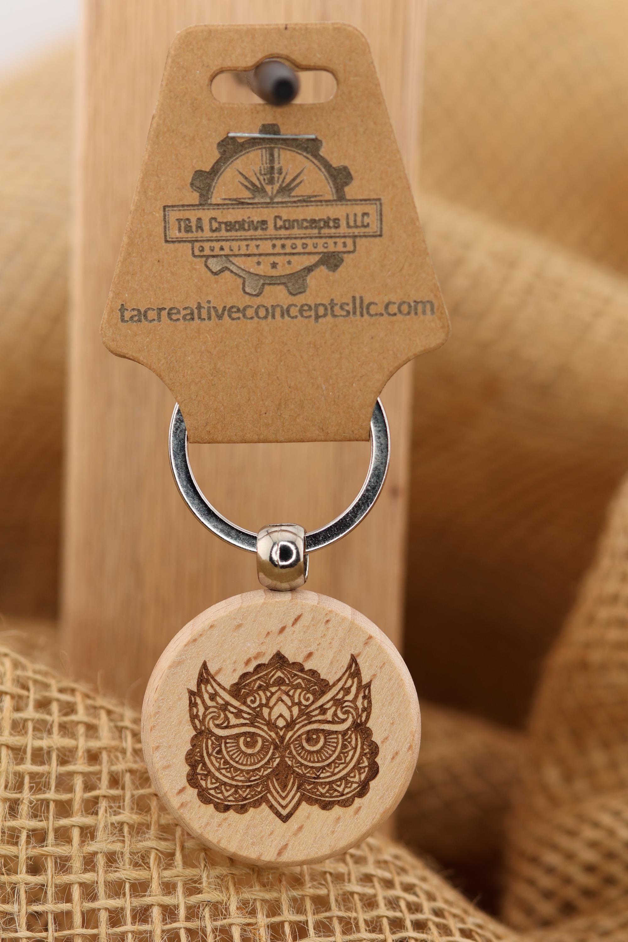 Laser engraved hardwood owl keychain / bag charm: double-sided bird lover gift