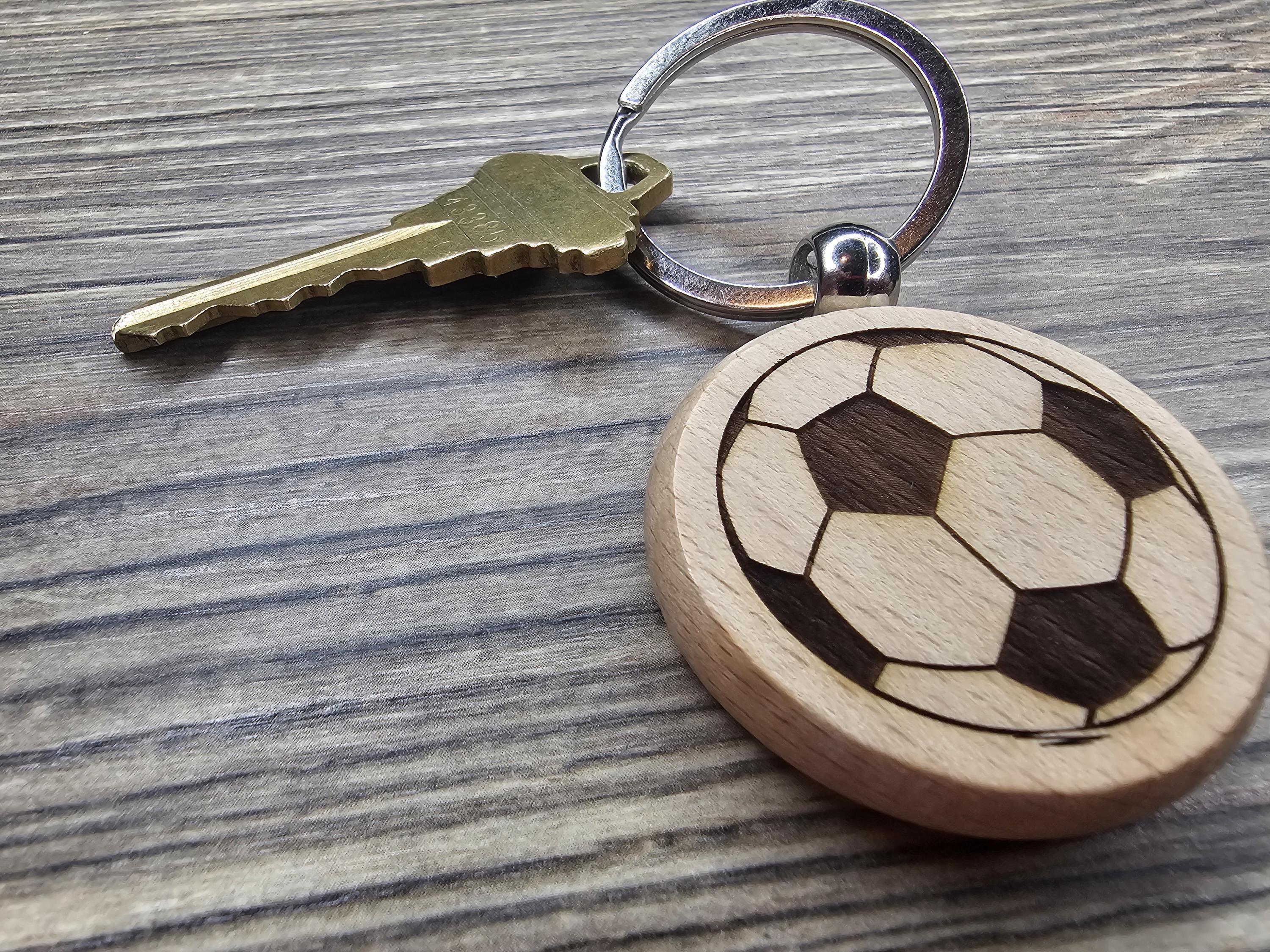 Laser engraved wood soccer ball keychain / bag charm: stainless steel keyring