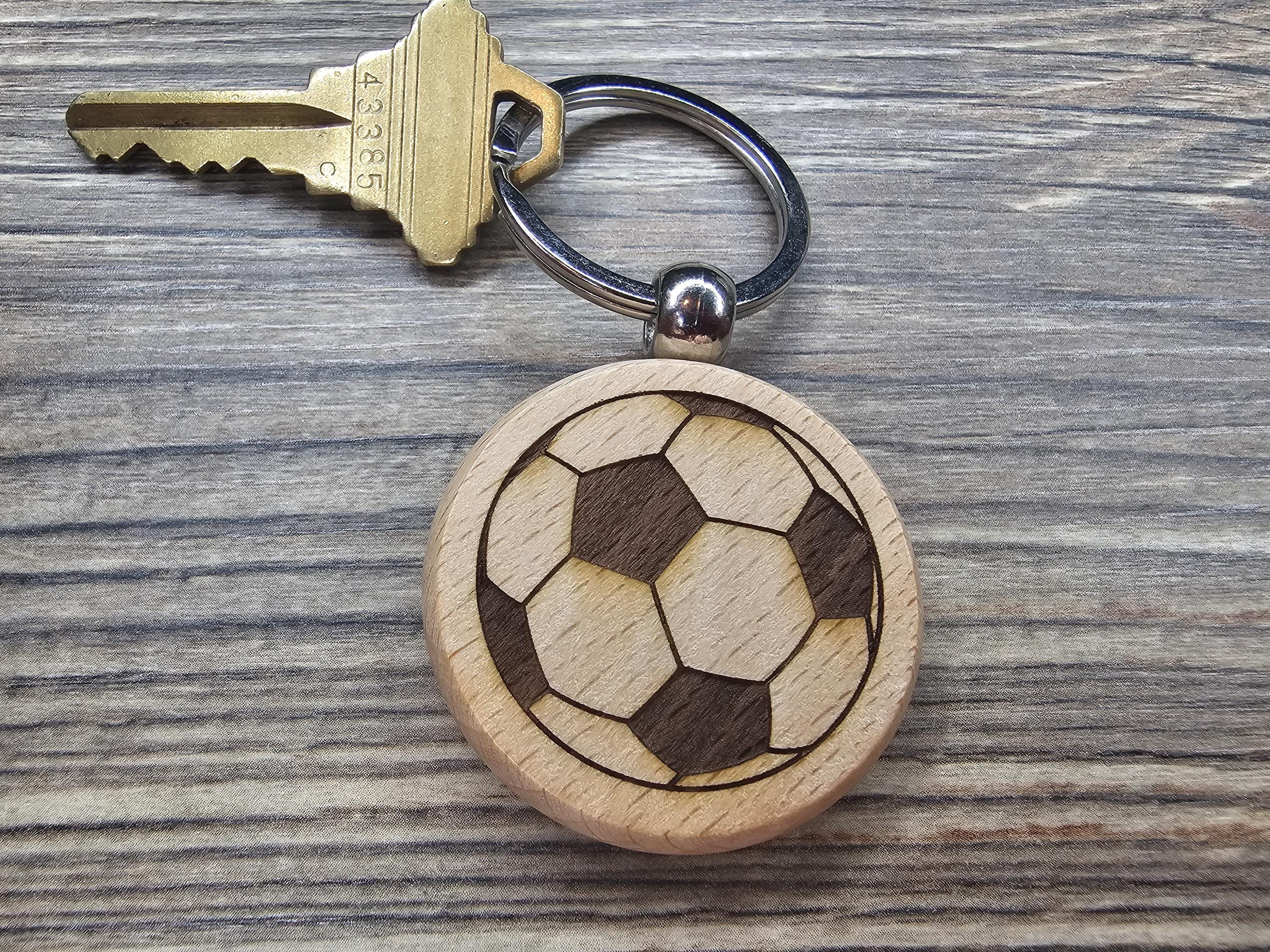 Laser engraved wood soccer ball keychain / bag charm: stainless steel keyring