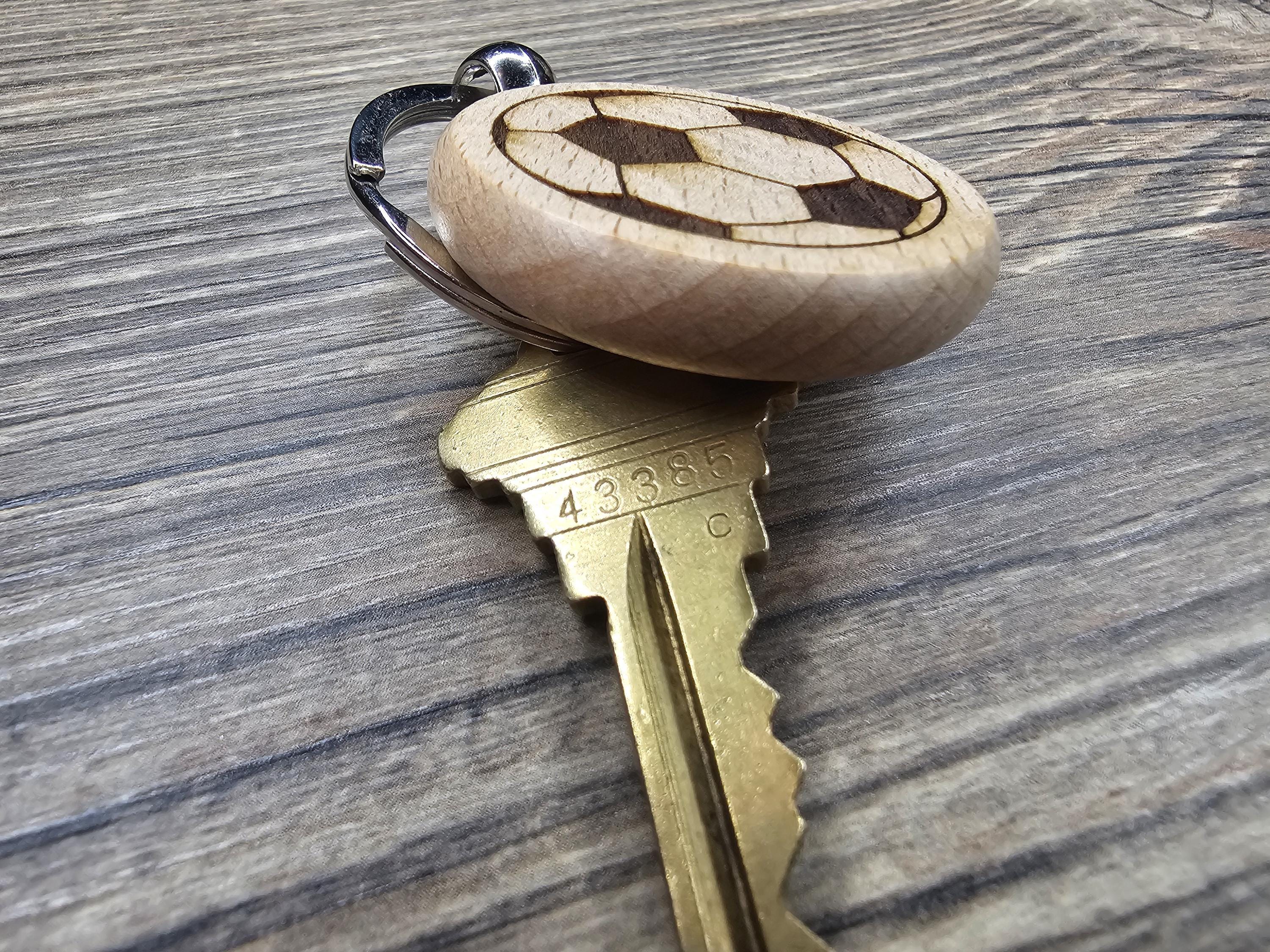 Laser engraved wood soccer ball keychain / bag charm: stainless steel keyring