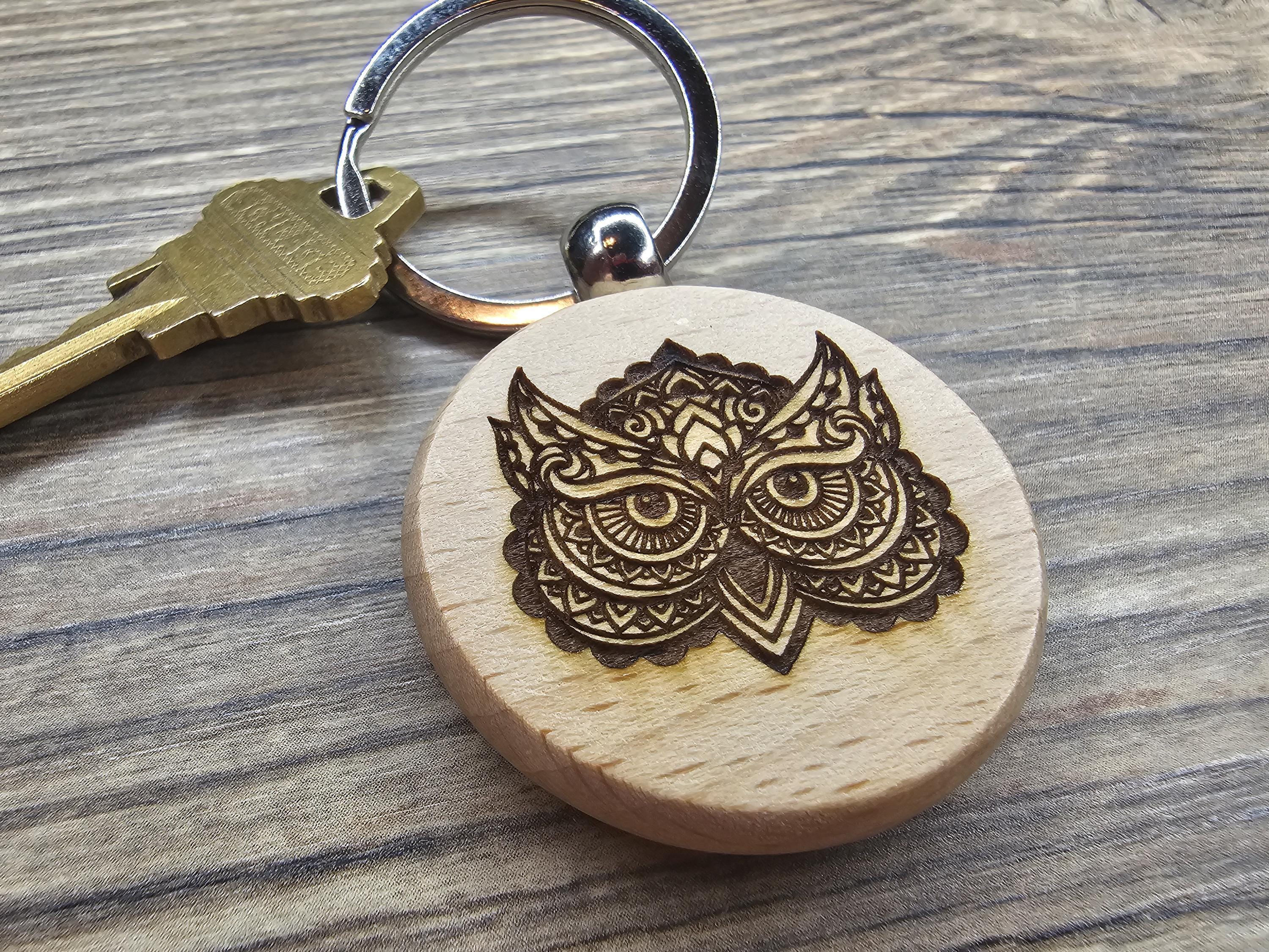 Laser engraved hardwood owl keychain / bag charm: double-sided bird lover gift