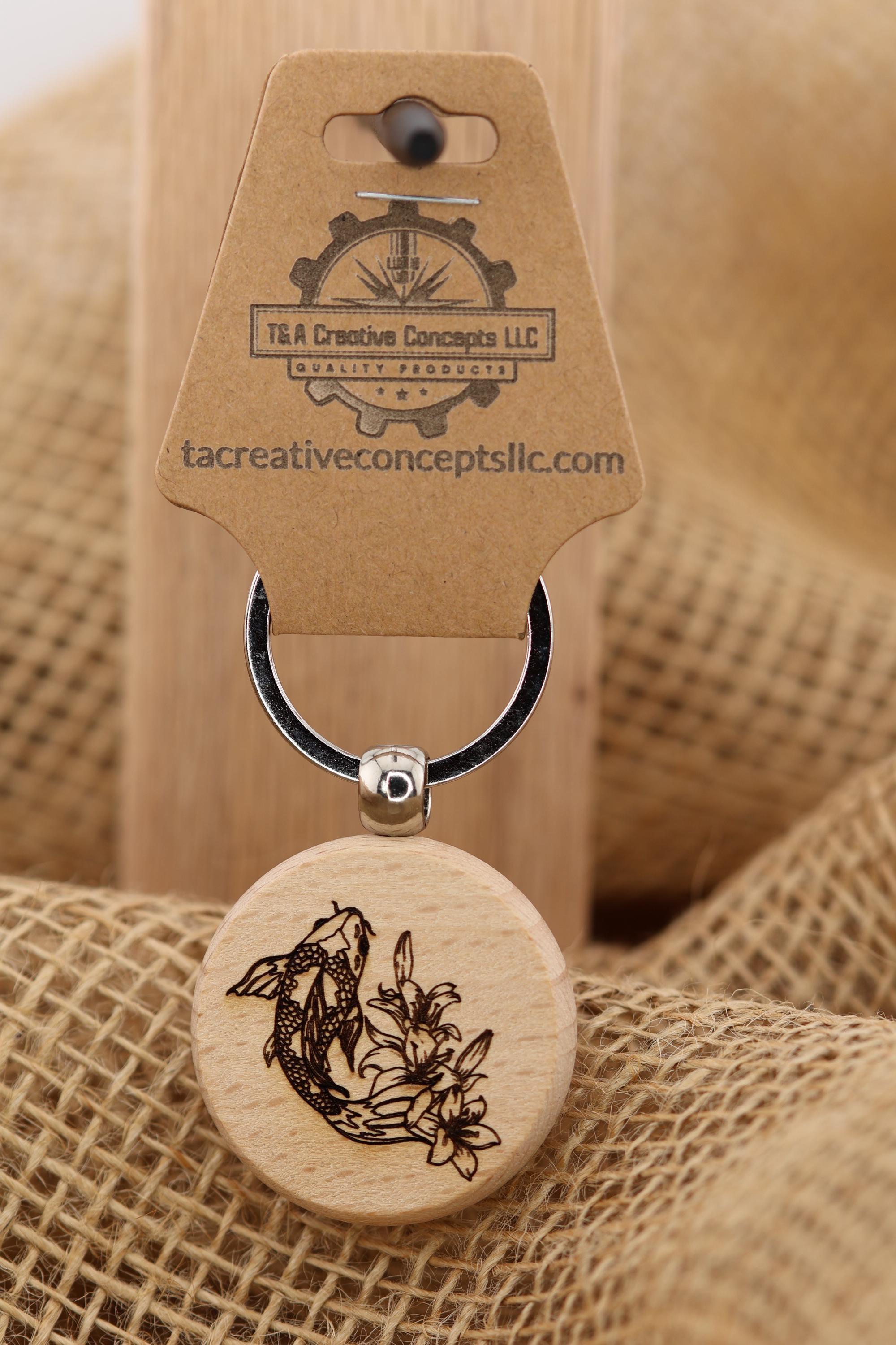 Laser engraved koi keychain - bag charm: hardwood fish charm with stainless steel keyring