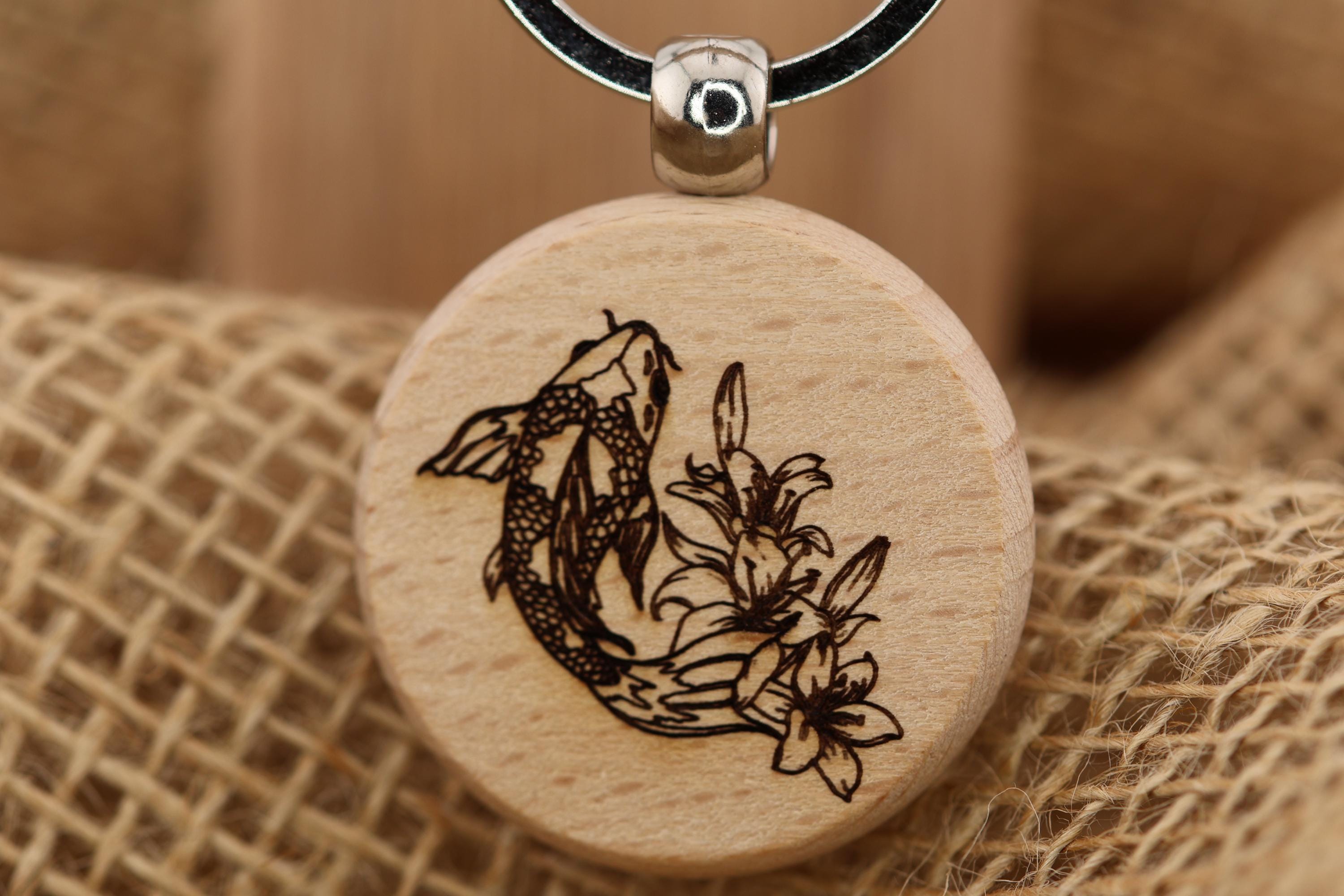 Laser engraved koi keychain - bag charm: hardwood fish charm with stainless steel keyring