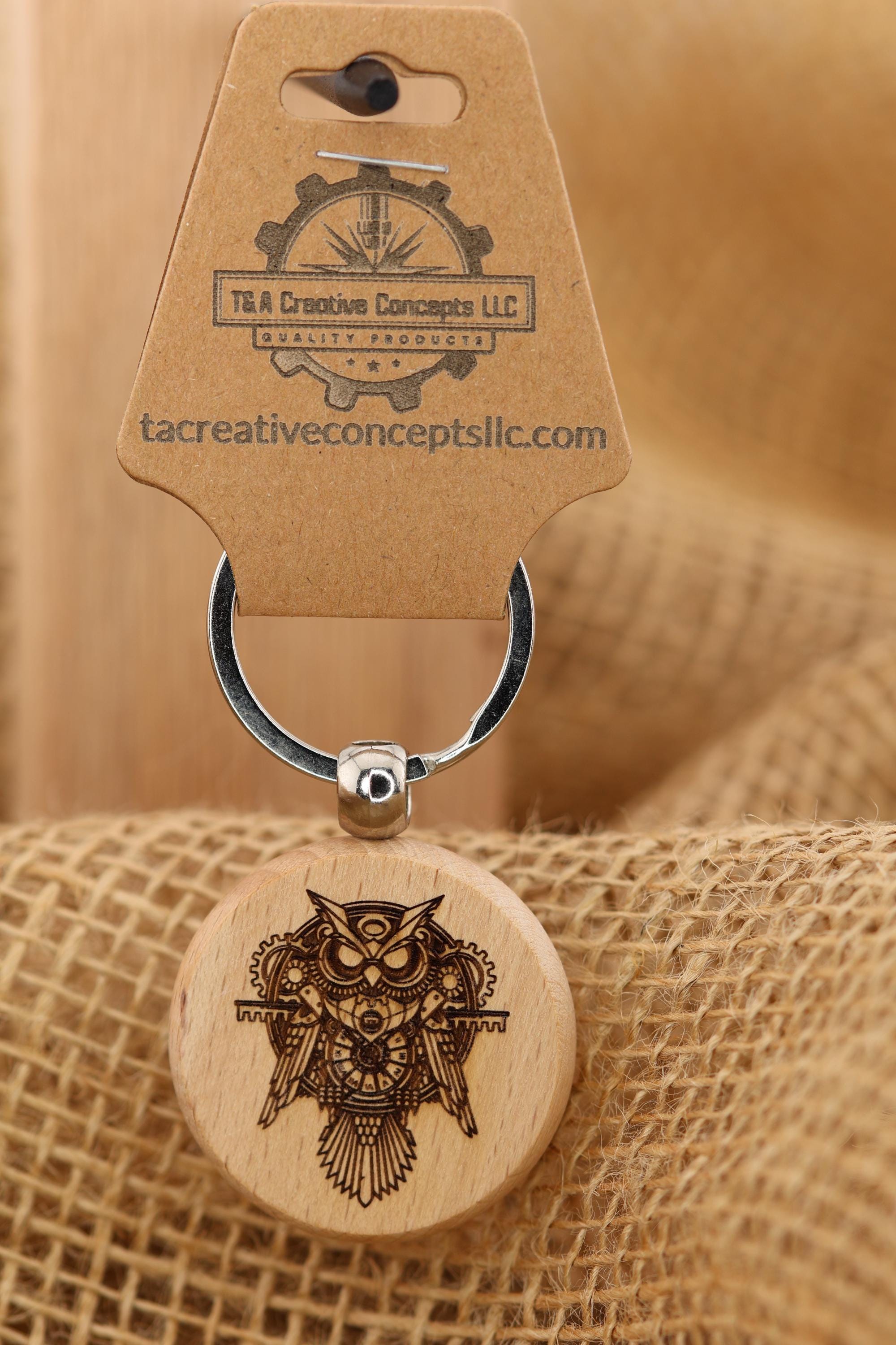 Steampunk owl keychain / bag charm: laser engraved hardwood, stainless steel keyring