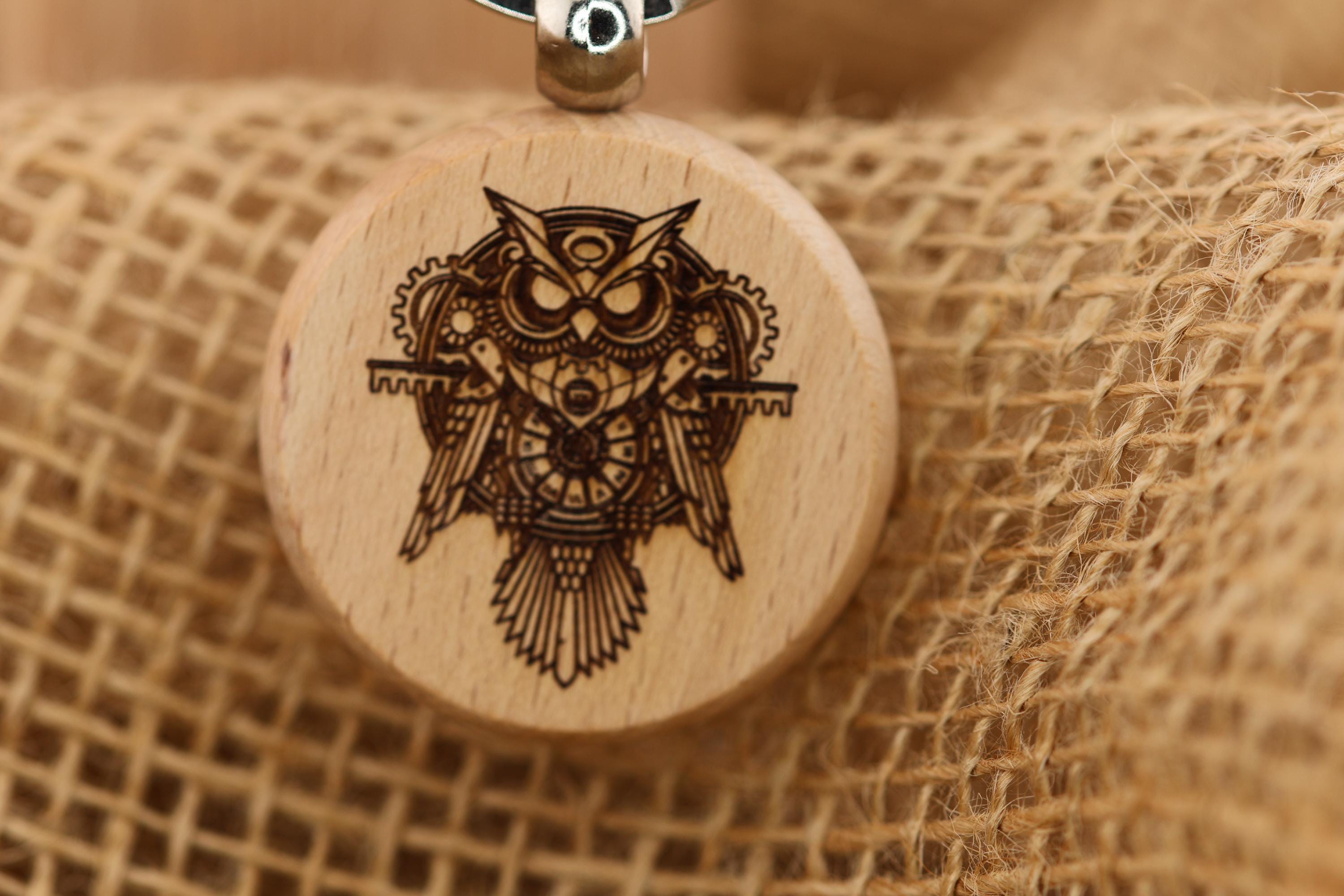 Steampunk owl keychain / bag charm: laser engraved hardwood, stainless steel keyring