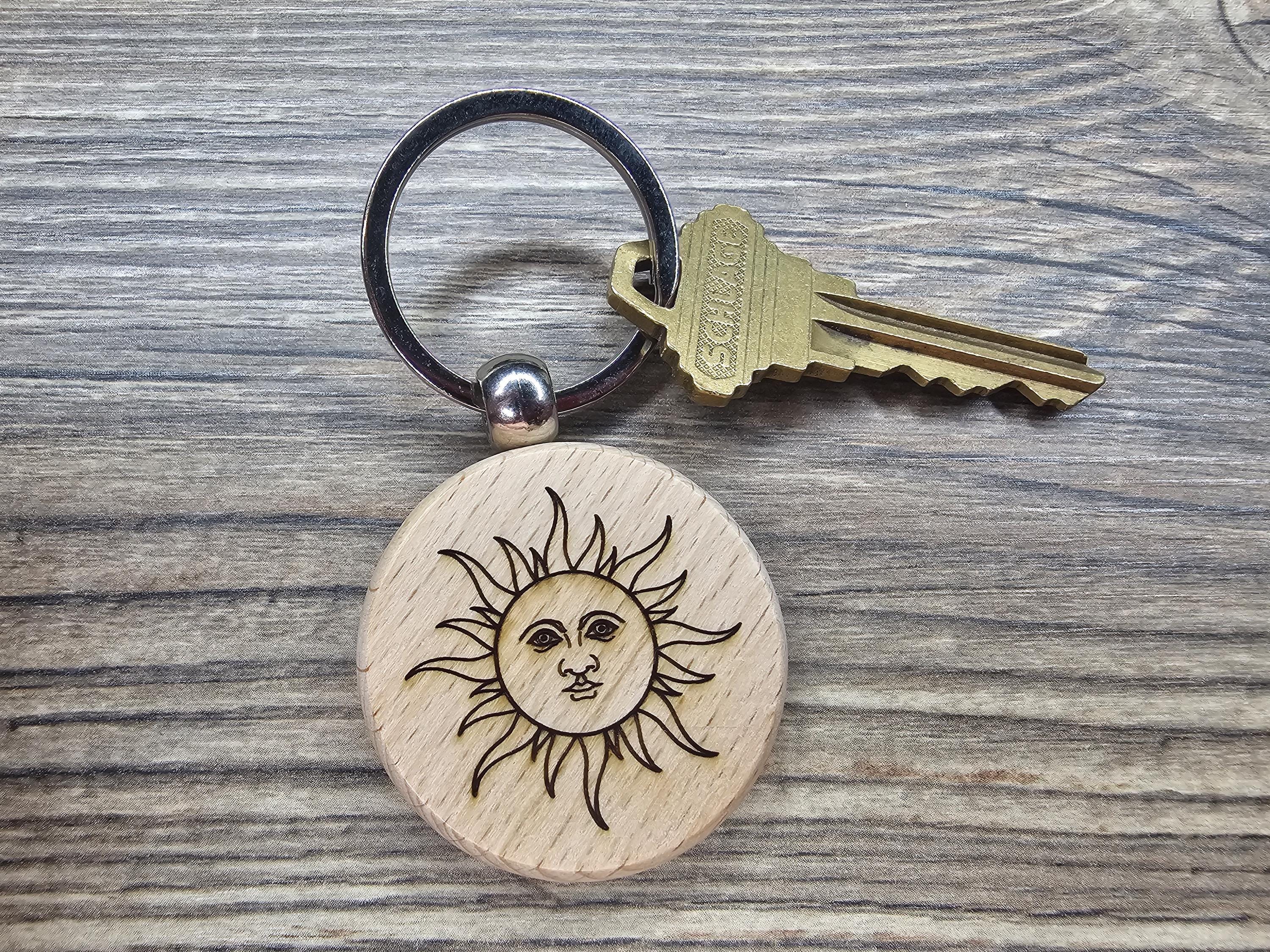 Laser engraved mystical sun keychain - bag charm: boho spiritual gift