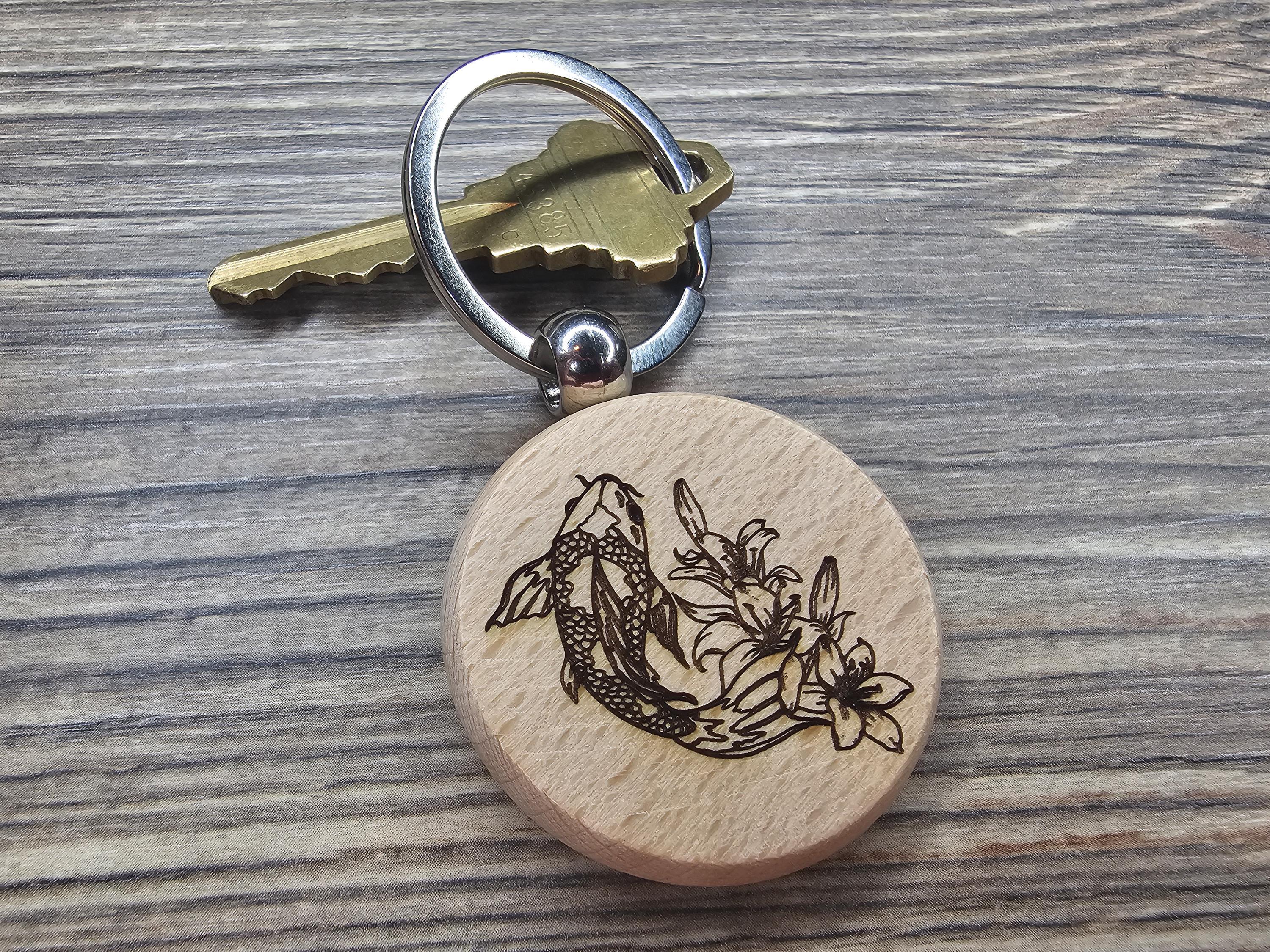 Laser engraved koi keychain - bag charm: hardwood fish charm with stainless steel keyring