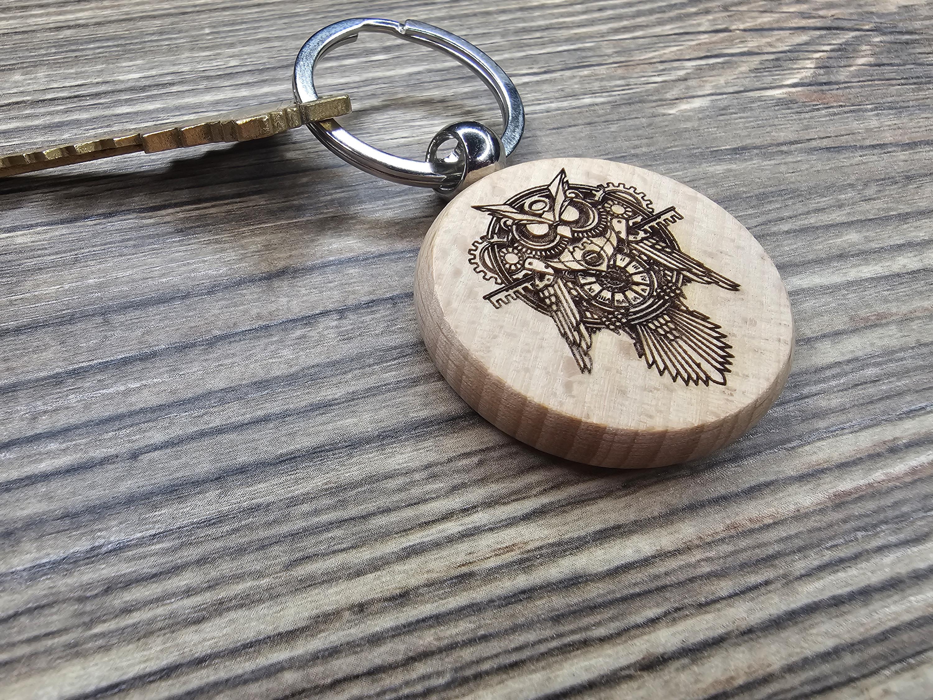 Steampunk owl keychain / bag charm: laser engraved hardwood, stainless steel keyring