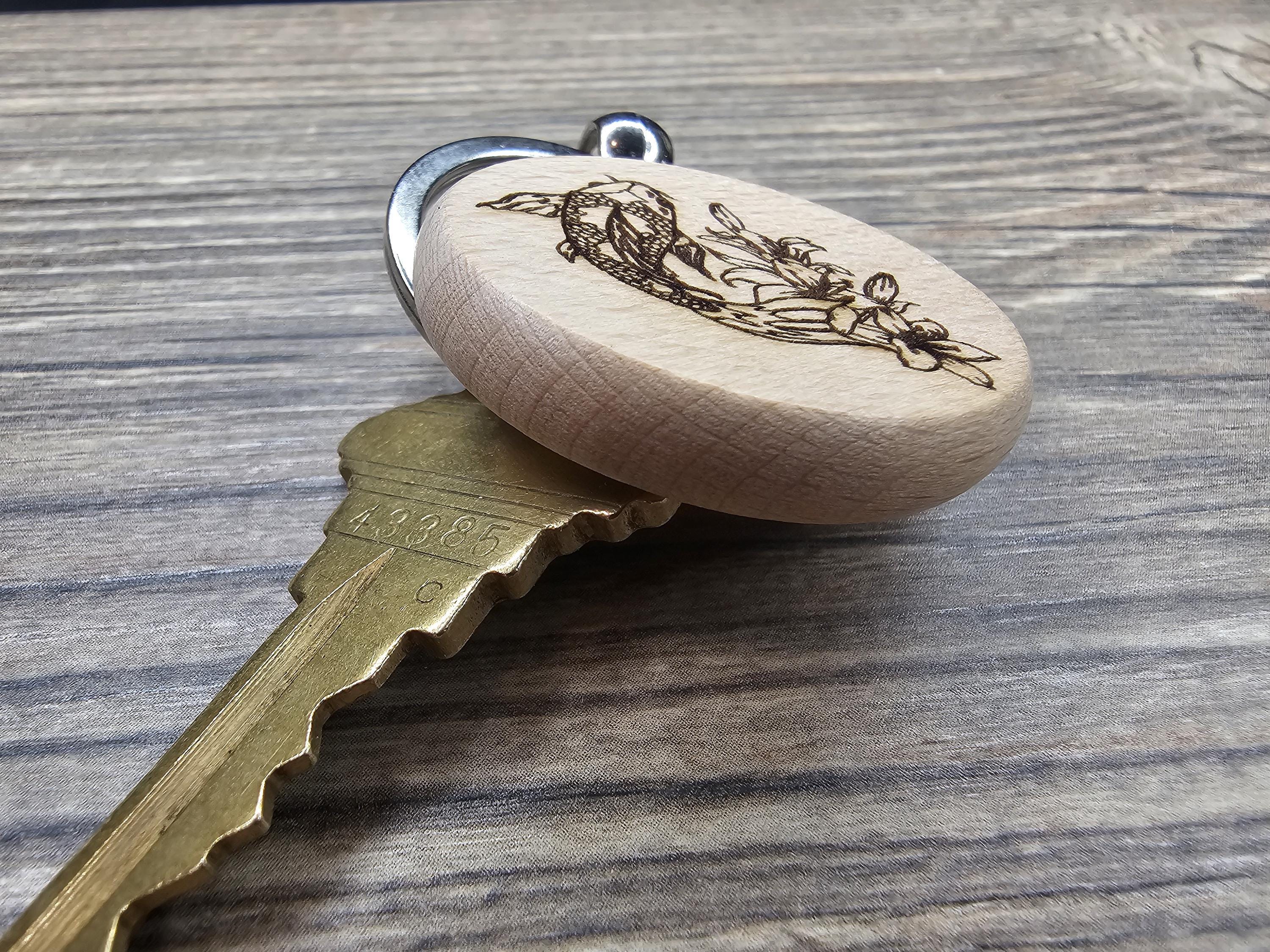 Laser engraved koi keychain - bag charm: hardwood fish charm with stainless steel keyring