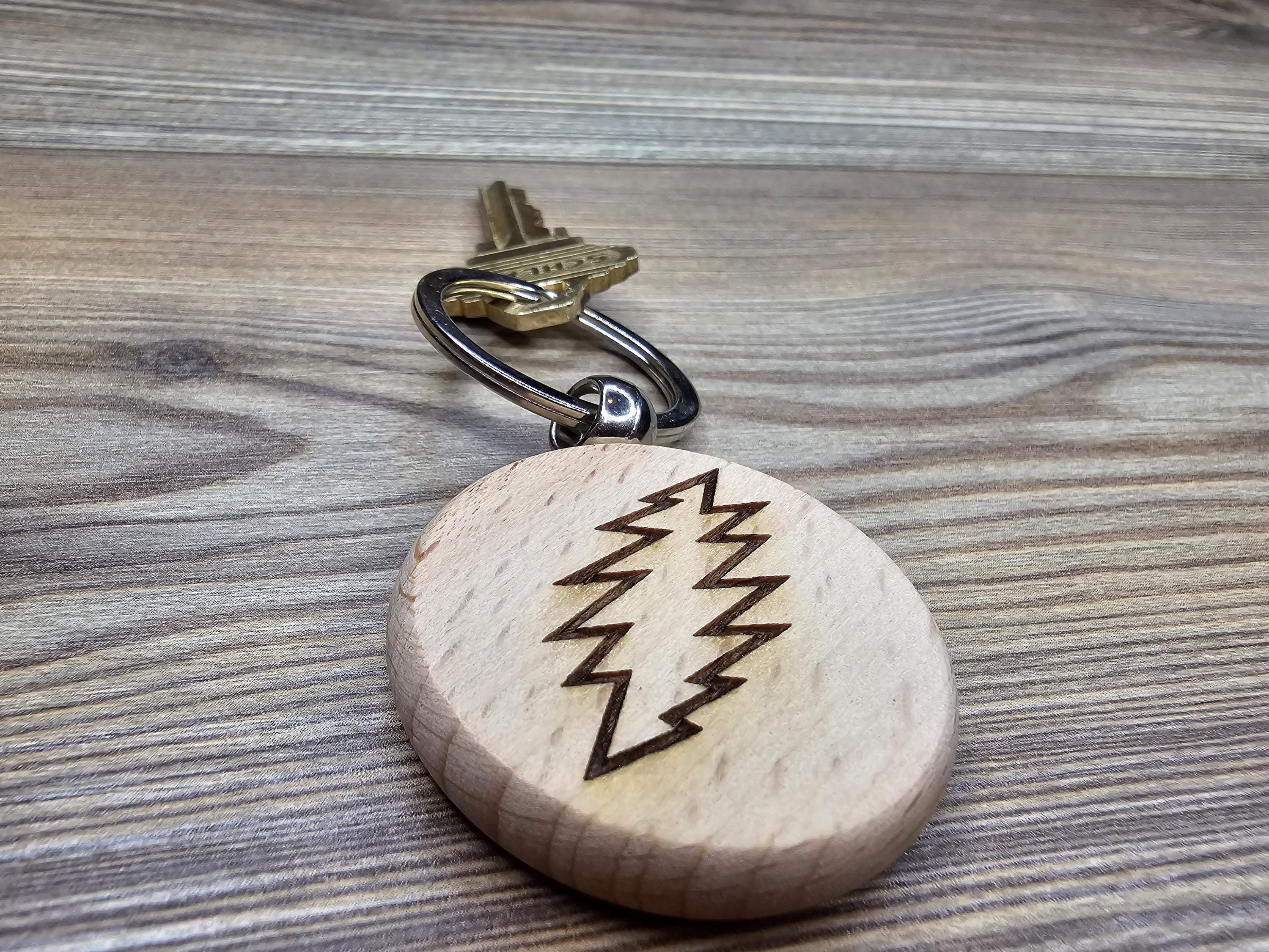 Grateful dead 13 point bolt keychain / bag charm – double-sided laser engraved wood with stainless steel keyring, music fan gift