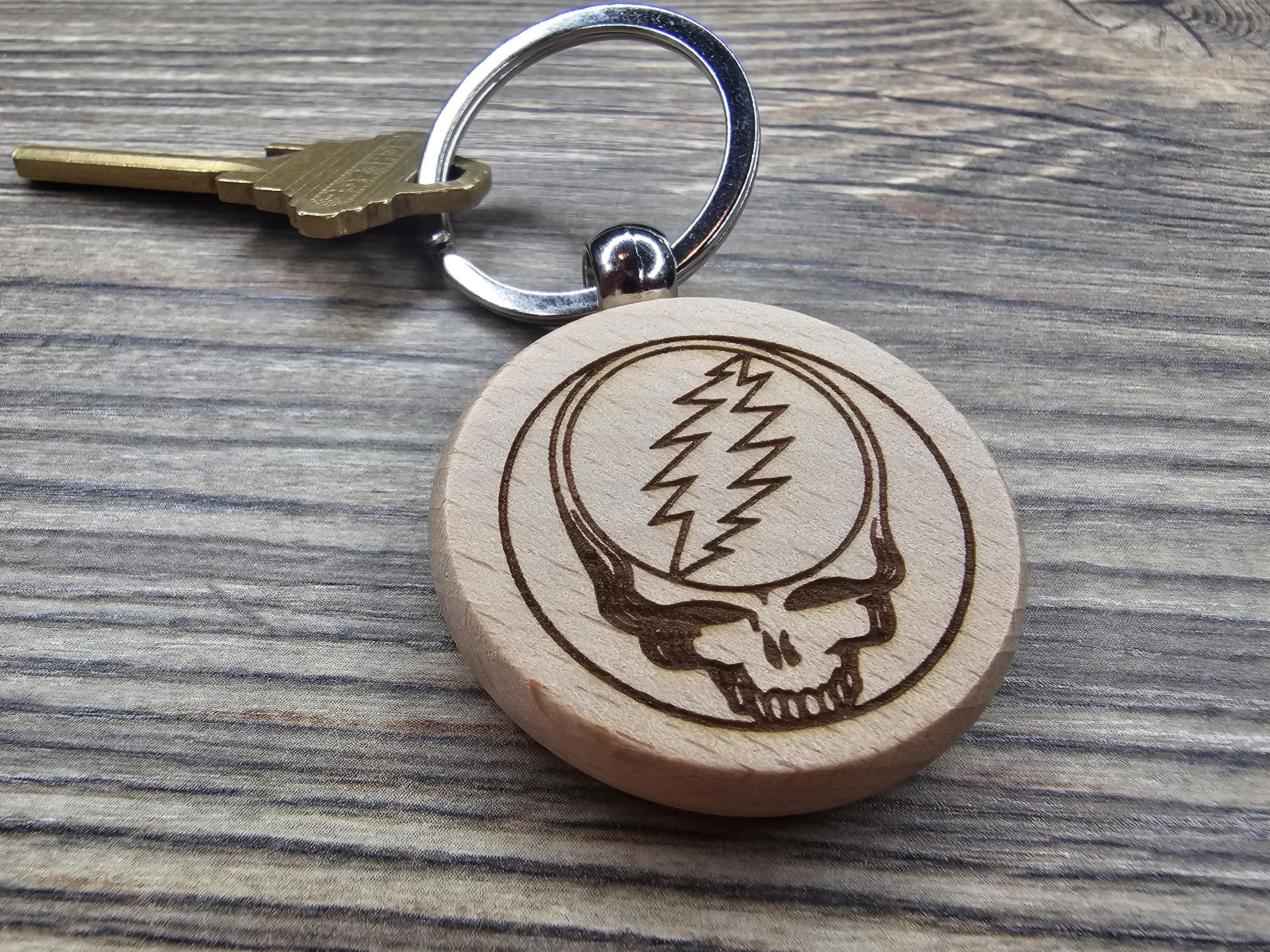 Grateful Dead steal your face keychain / bag charm – double-sided laser engraved wood with stainless steel keyring, music fan gift