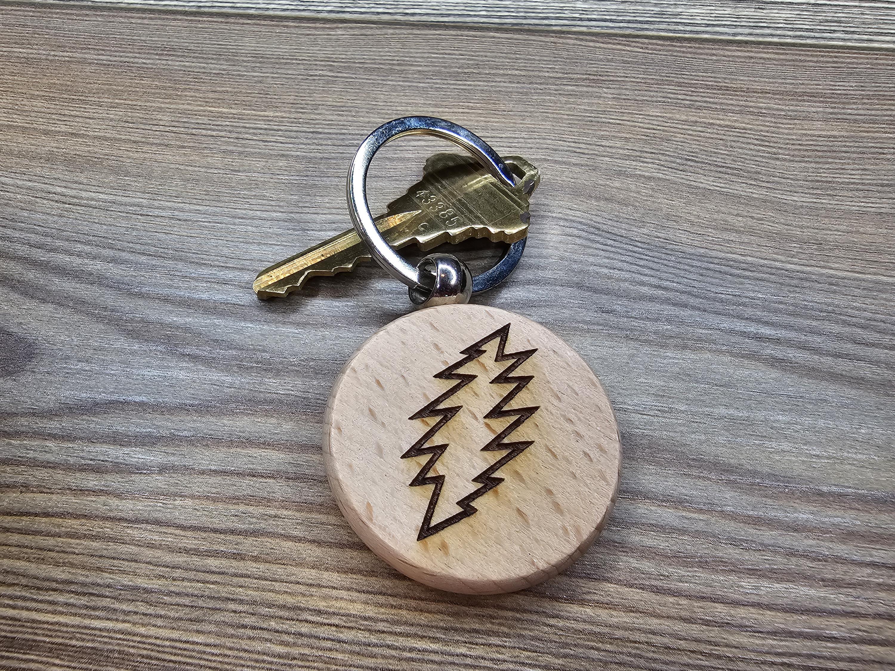 Grateful dead 13 point bolt keychain / bag charm – double-sided laser engraved wood with stainless steel keyring, music fan gift